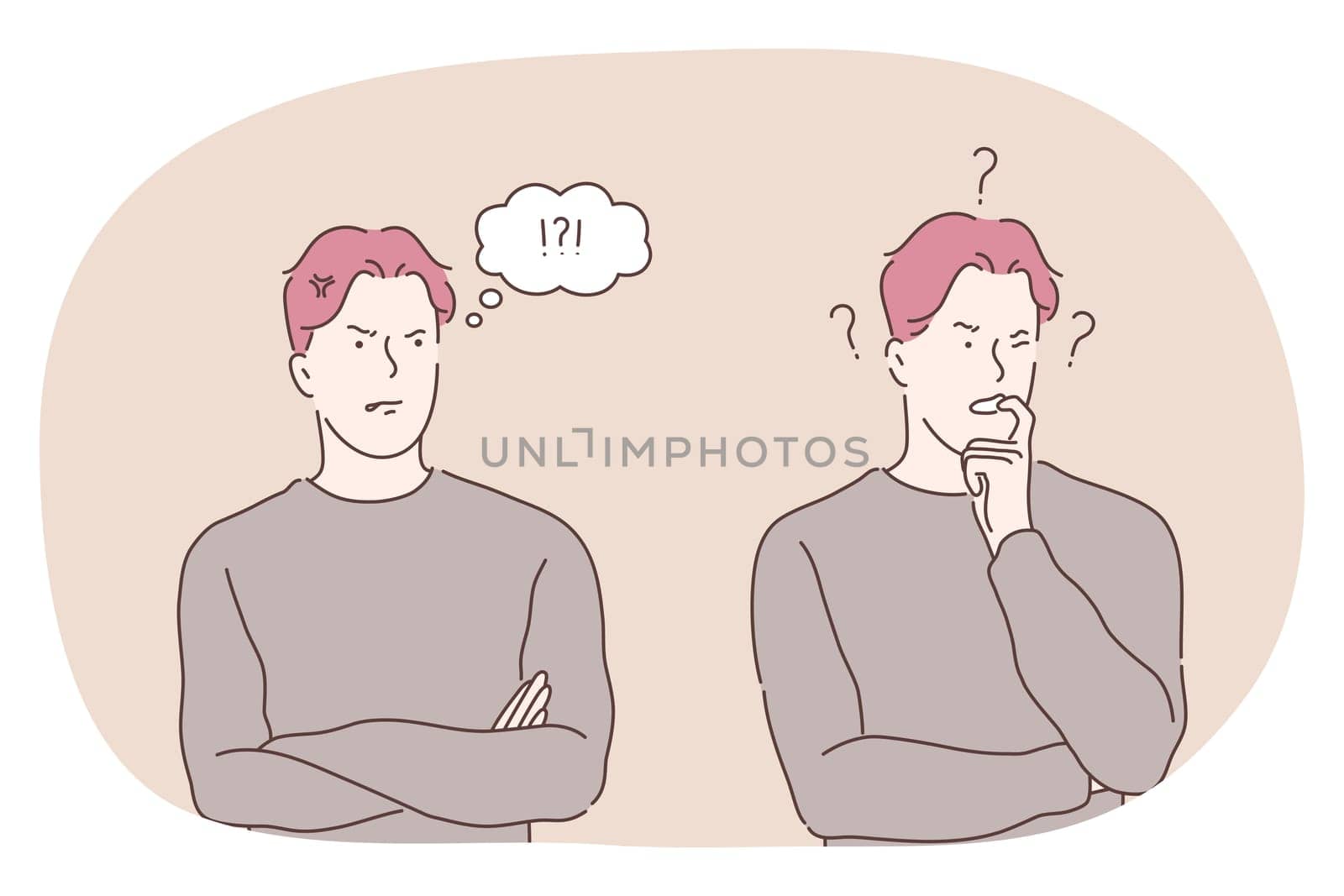 Sign language, gestures, hands communication concept. Young man cartoon character standing and expressing doubt thinking about something and biting finger