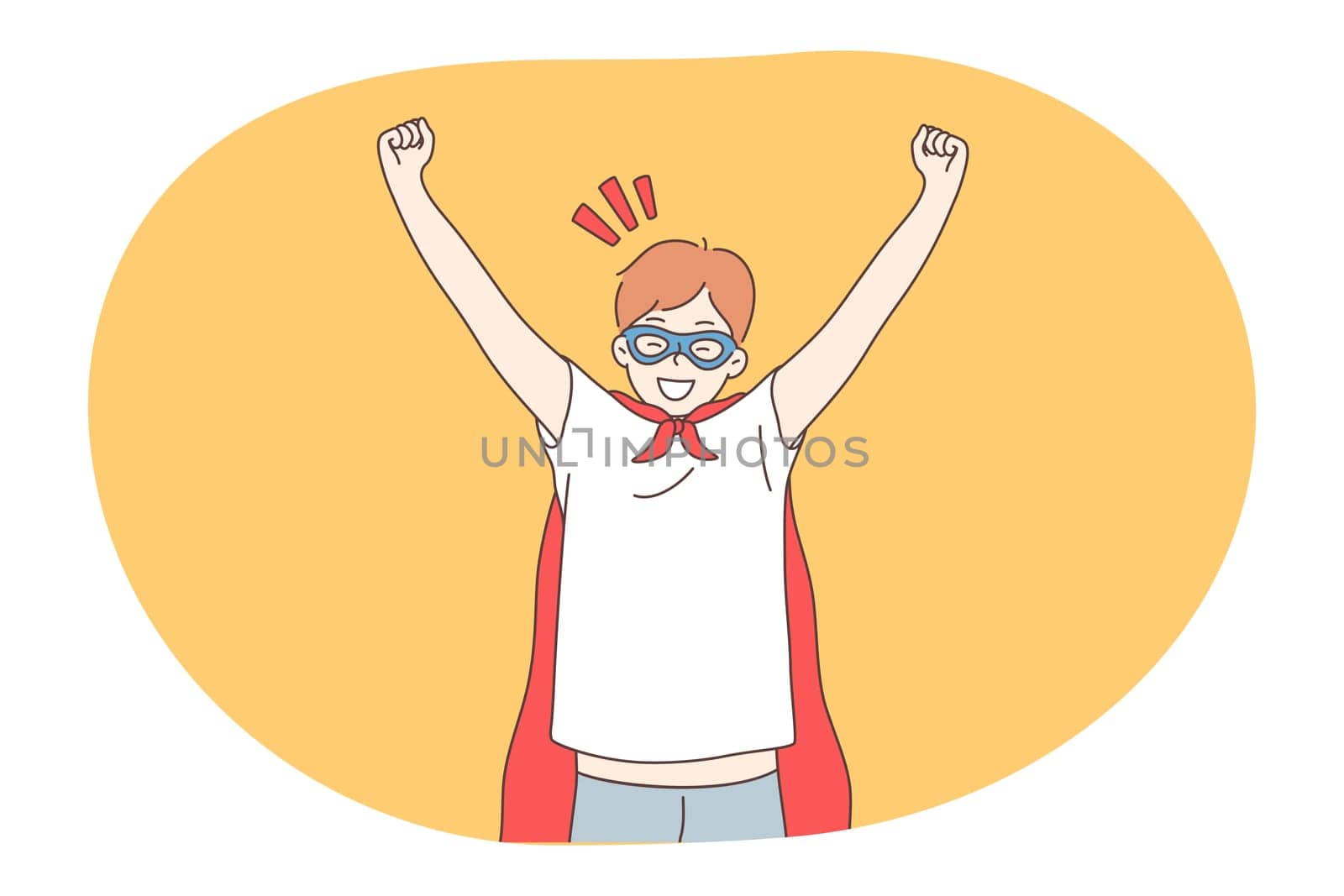 Superhero, superman, power concept. Young smiling boy child in red superman costume mantle and mask imagining power and leadership. Fantasy, imagination, justice, strength, champion illustration