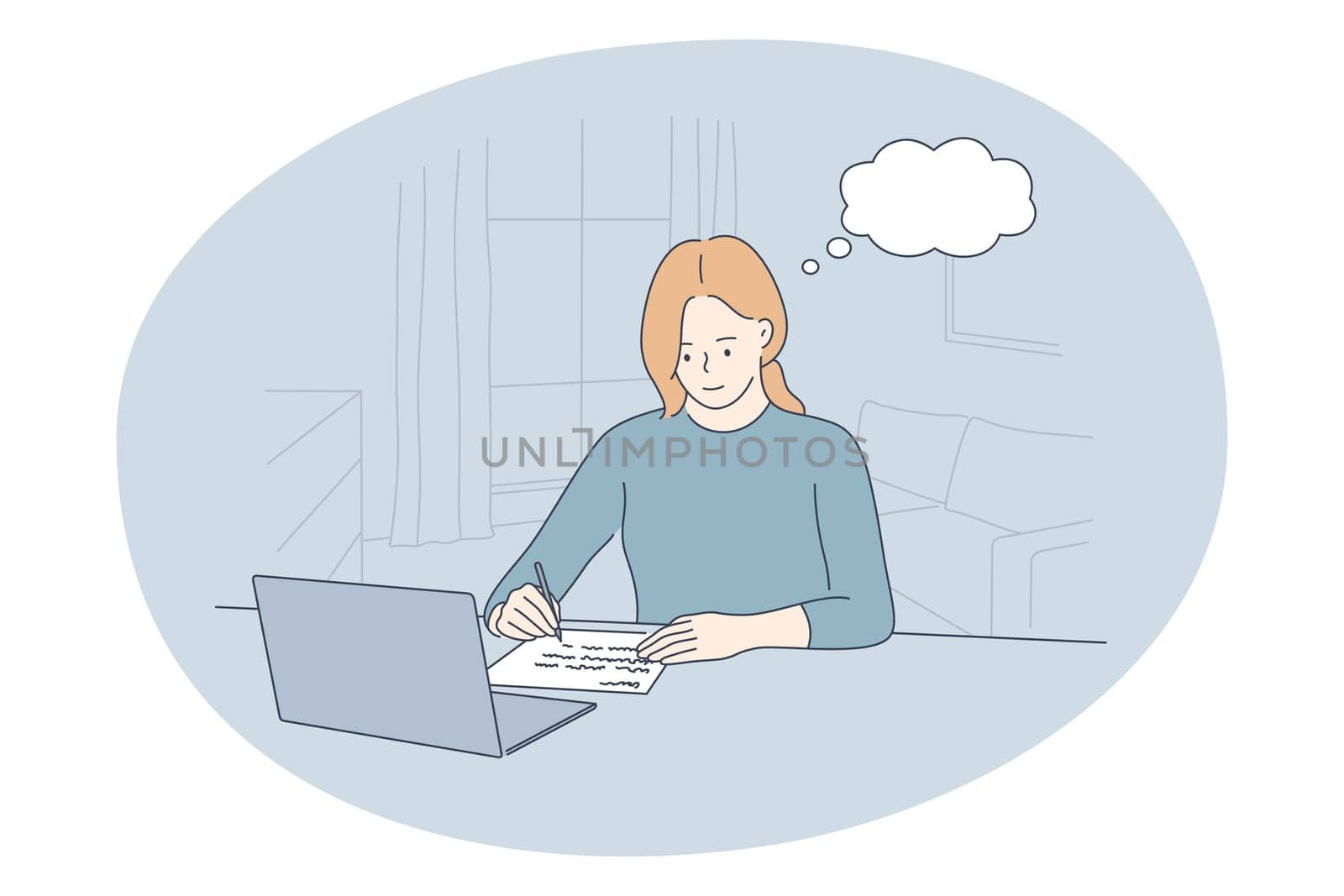 Working in office, modern company worker, online communication concept. Young smiling woman cartoon character sitting on workplace with laptop, working, writing down ideas and tasks