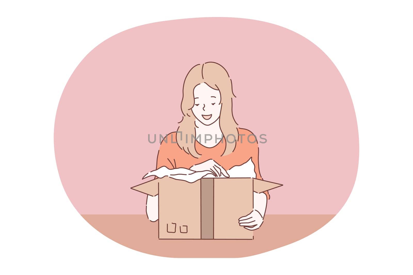 Parcel, order delivery, holiday present in box concept. Young girl teen cartoon character feeling happy of receiving box with gift or online order delivered to home and unpacking contests from paper