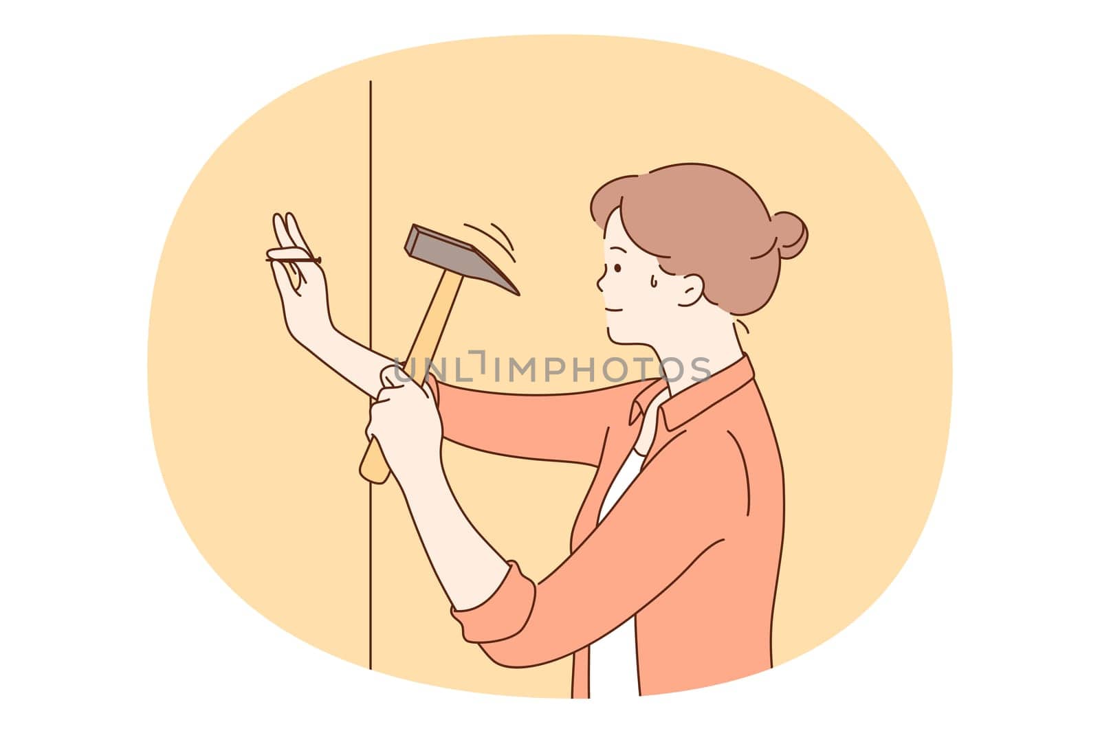 Repairing, renovation, housework concept. Young woman cartoon character nailing gaze to wall with hammer doing renovation and construction herself vector illustration