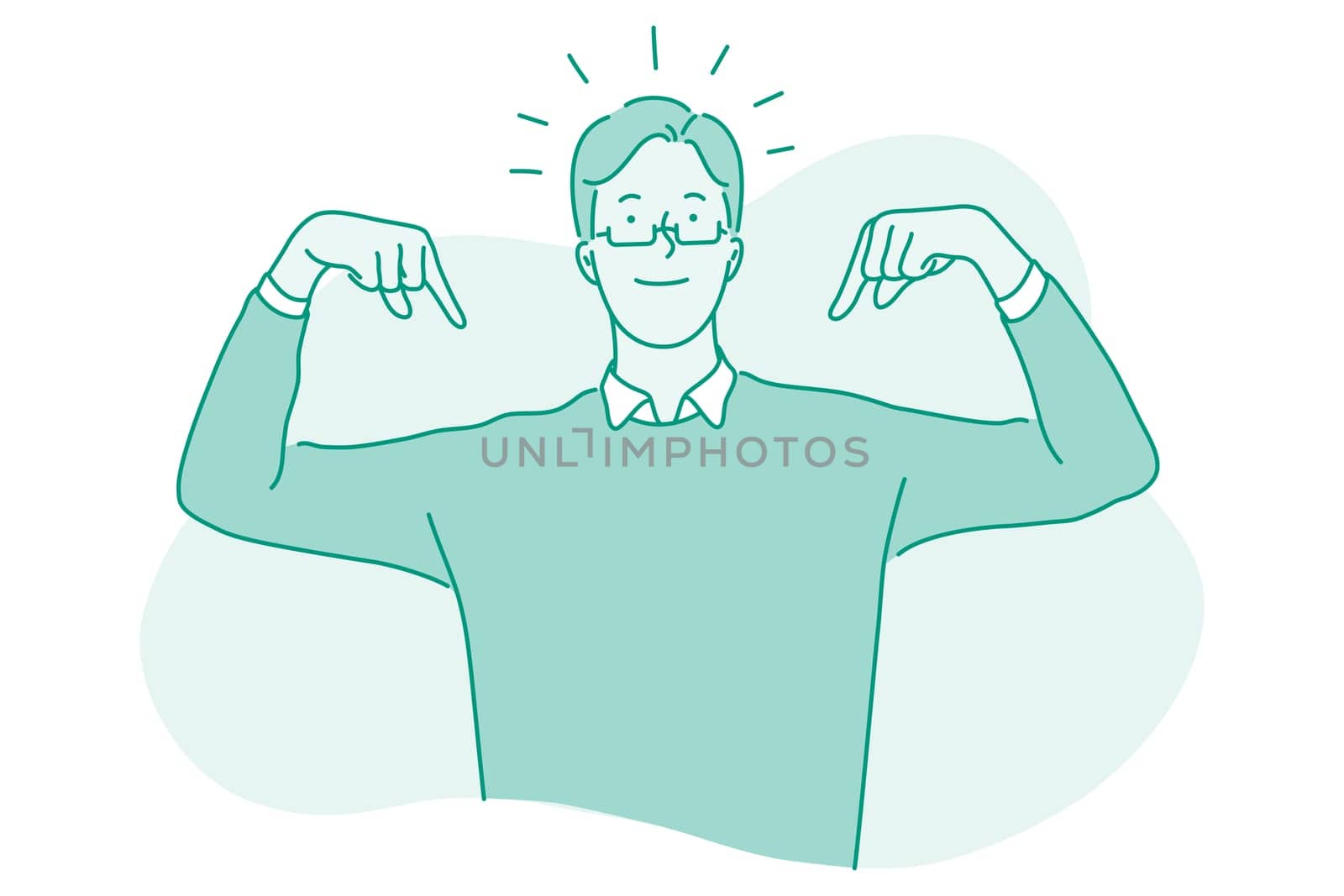 Self confidence, success, leadership concept. Happy young businessman cartoon character standing and pointing with fingers at himself feeling proud and confident as symbol of success