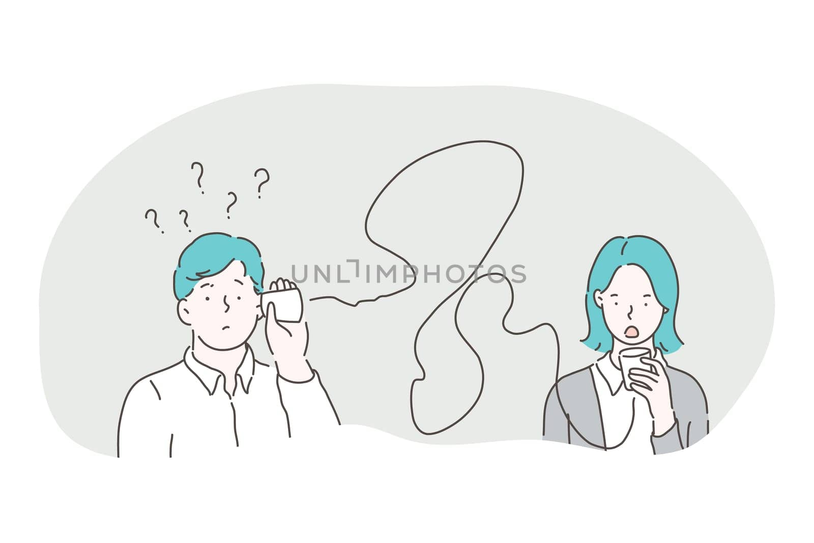 Misunderstanding, connection, communication problems concept. Young frustrated couple man and woman speaking and listening through glasses with wires and feeling misunderstanding between each other