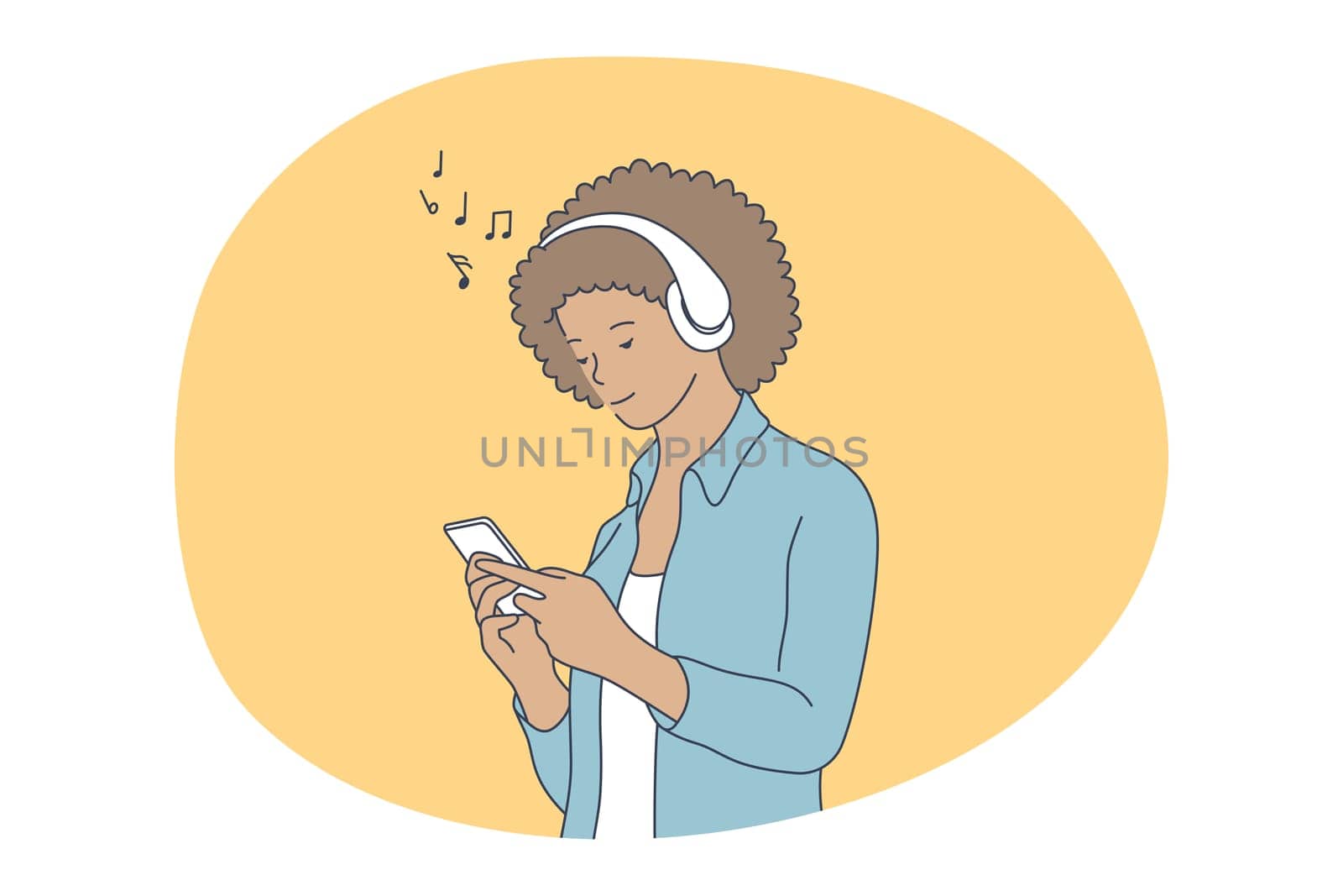Online communication, listening to music on smartphone concept. Young smiling girl in headphones listening to favourite music and looking on smartphone screen vector illustration