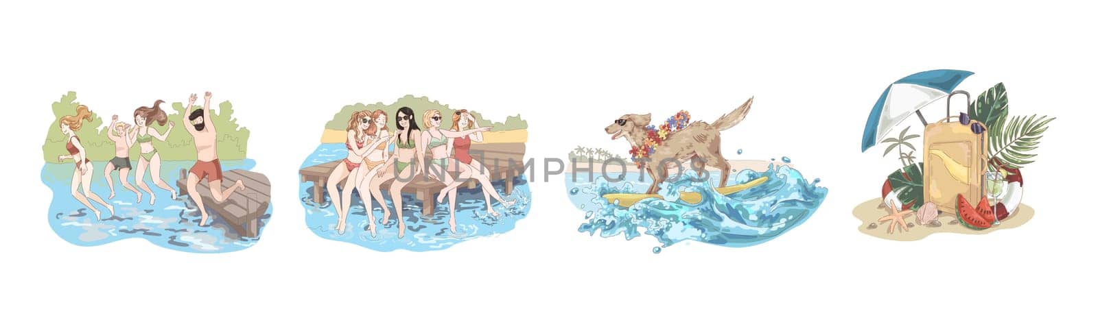 Happy friends on holidays, people jump in water, women sit on pier, dog in sunglasses on surfboard, summertime set. Tropical resort, summer recreation concept cartoon sketch. Flat vector illustration