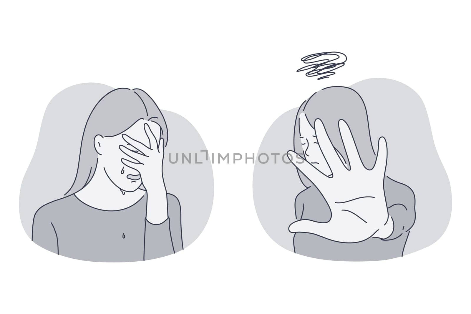 Crying, Sadness, mental depression concept. Young unhappy woman thinking about bad news grief touching face crying and suffering from depressed state of mind illustration