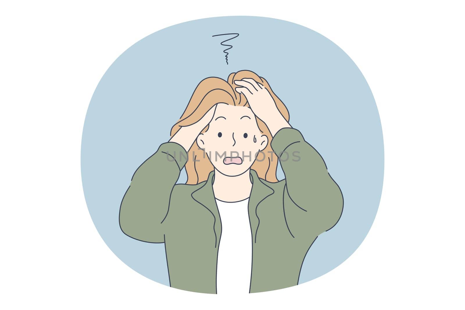 Anxiety, stress, Depression concept. Young unhappy worried female cartoon character standing, touching head with hands and feeling panic and depression with something vector illustration