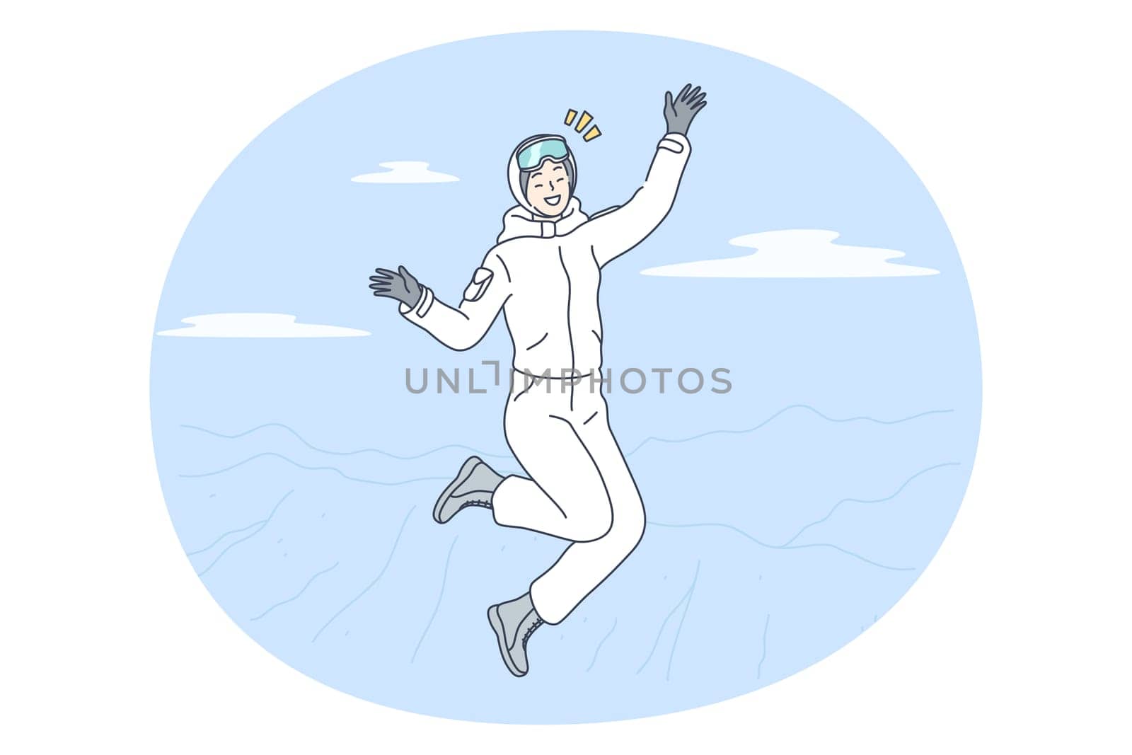 Winter activities, skiing, snowboarding concept. Young happy smiling woman cartoon character in white winter costume jumping feeling cheerful after riding downhill on ski or snowboard in mountaints
