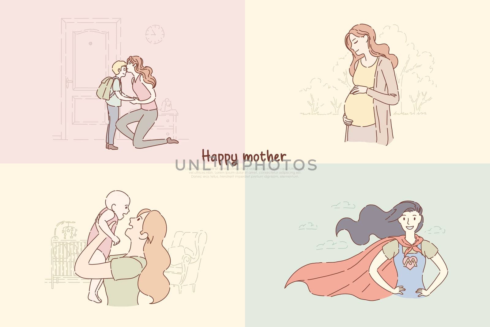 Young mothers with children, mom send son to school, woman playing with toddler, happy motherhood banner. Feminine happiness, maternity leave concept cartoon sketch. Flat vector illustration