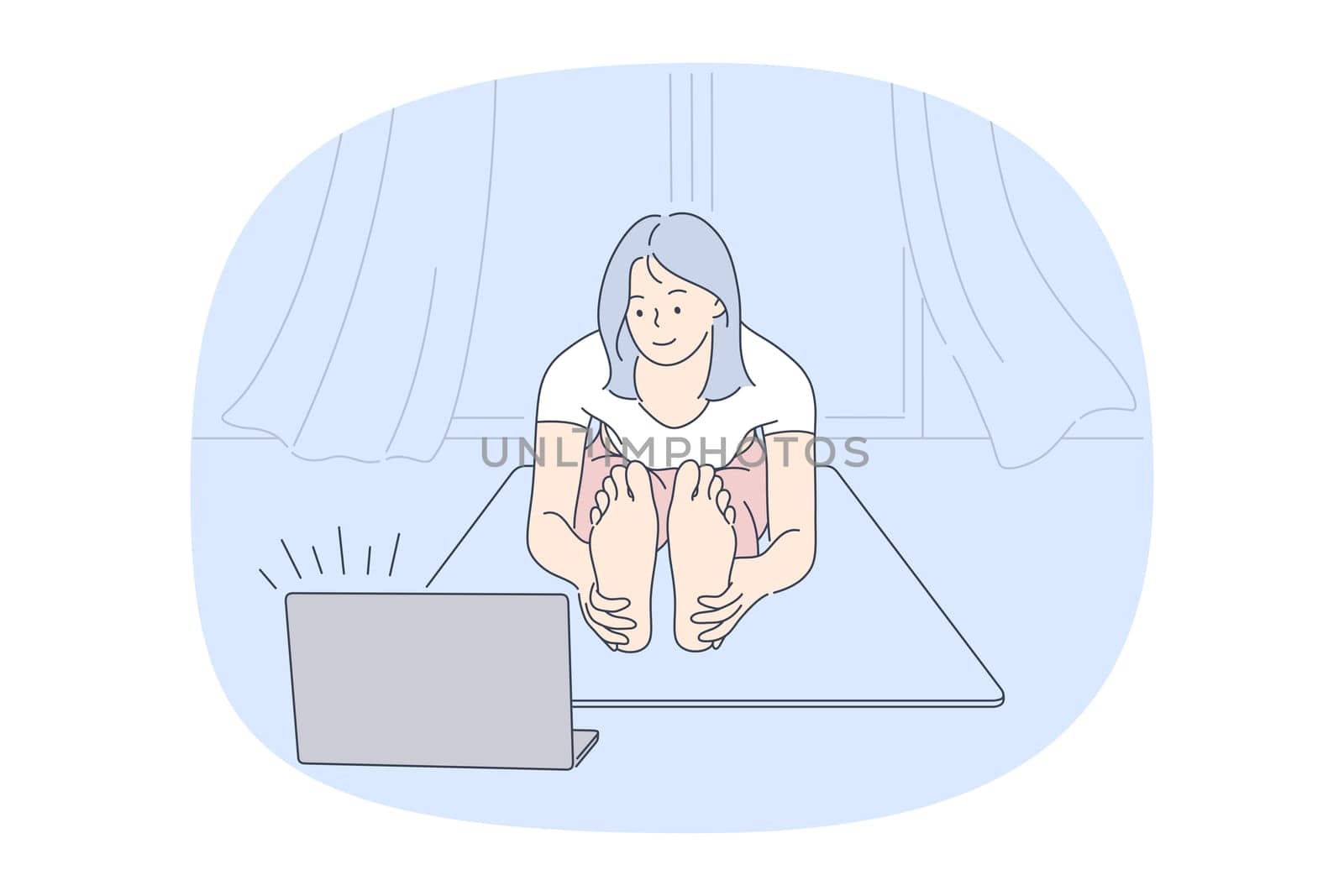 Online lesson, yoga, pilates concept. Young happy woman cartoon character exercising and practicing yoga and meditation on fitness mat at home with laptop and distant lesson on screen