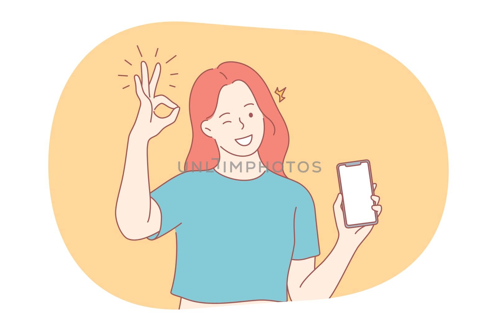 Online communication, thumbs up, smartphone concept. Young smiling girl showing smartphone screen with white mockup for text or lettering and ok good sign with fingers vector illustration