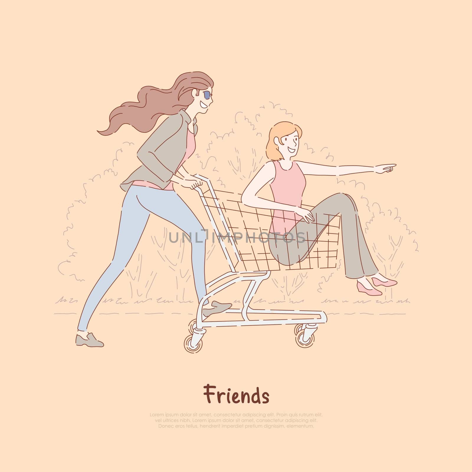 Happy friends having fun, women ride in supermarket trolley, carefree pastime, leisure, female friendship banner. Young girlfriends on shopping concept cartoon sketch. Flat vector illustration