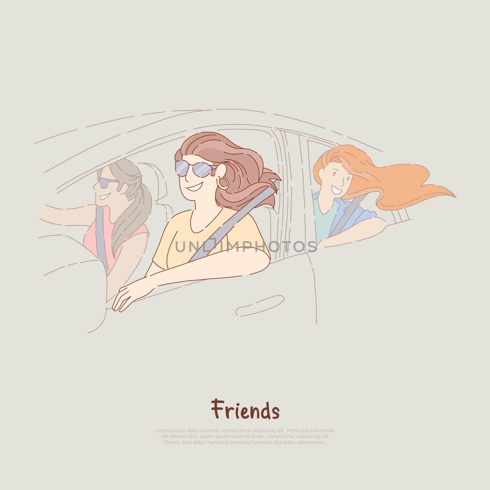 Young girlfriends on road trip, happy women ride in car, female friendship, summer journey, adventure banner. Holiday recreation, vacation travel concept cartoon sketch. Flat vector illustration