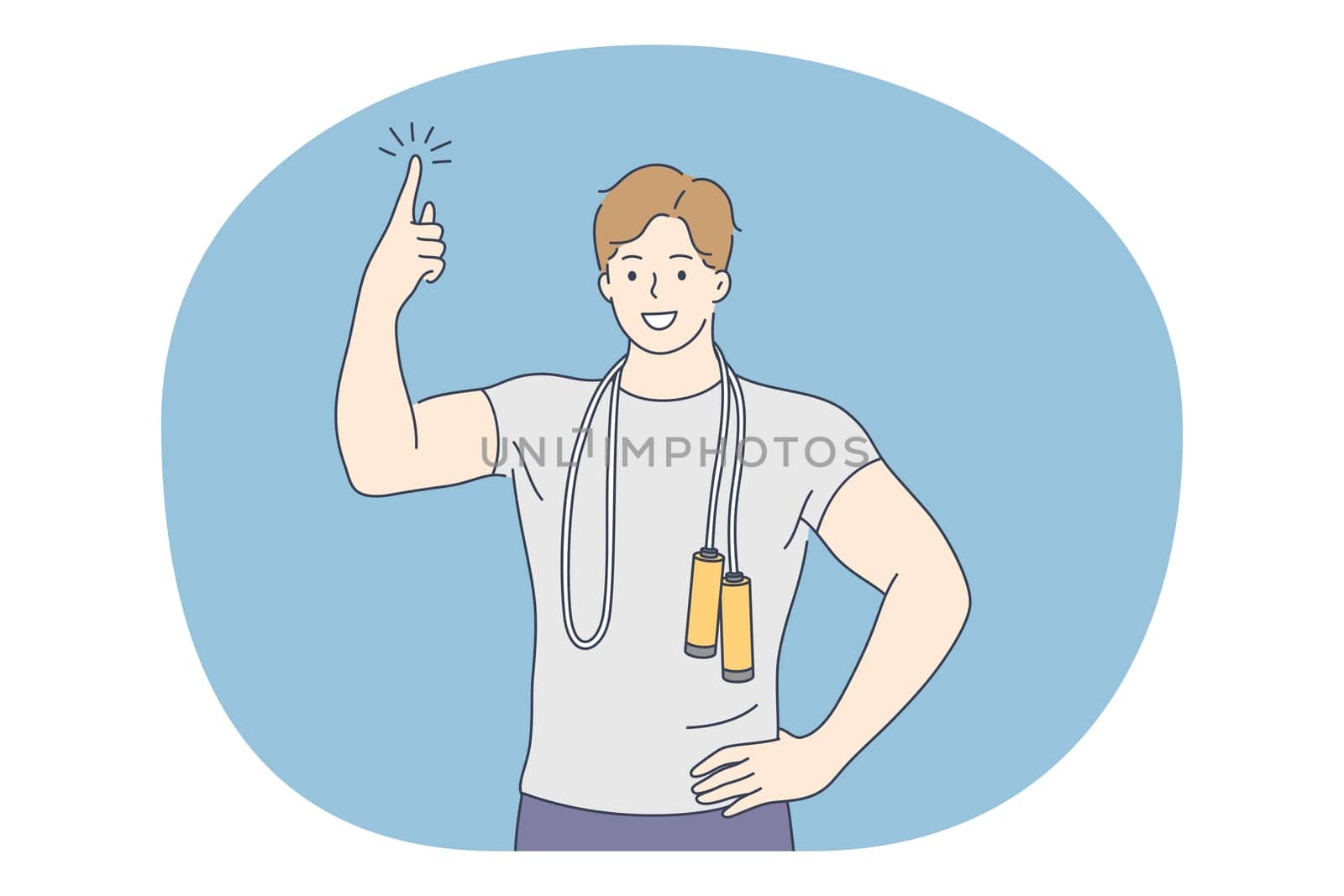 Professional sport, workout, training concept. Young man athlete standing with skipping rope on neck after training and feeling excited and energetic. Active lifestyle, fitness, bodycare, wellness