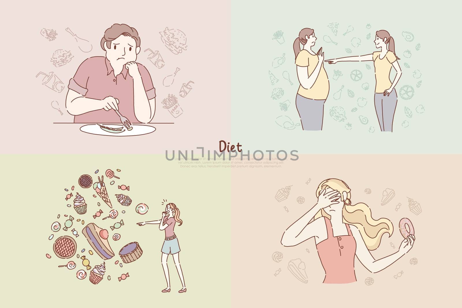 Vegan nutrition, before and after, fat and slim women, anorexia, calories fear, abstinence from sweets, diet banner. Weight loss, healthy lifestyle concept cartoon sketch. Flat vector illustration