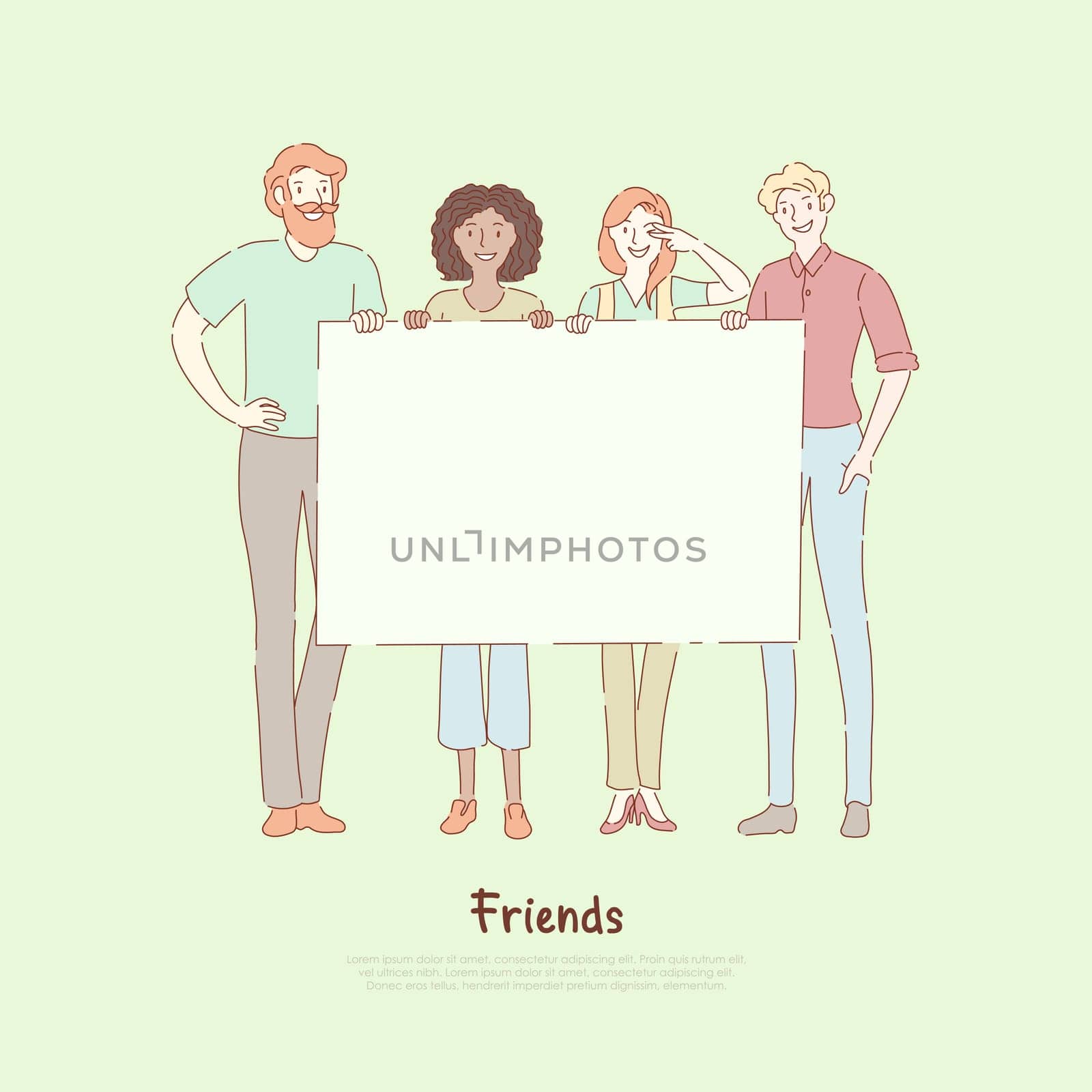 Young men and women standing together, friends holding blank placard, friendship, social demonstration banner. Surprise party, public protest concept cartoon sketch. Flat vector illustration