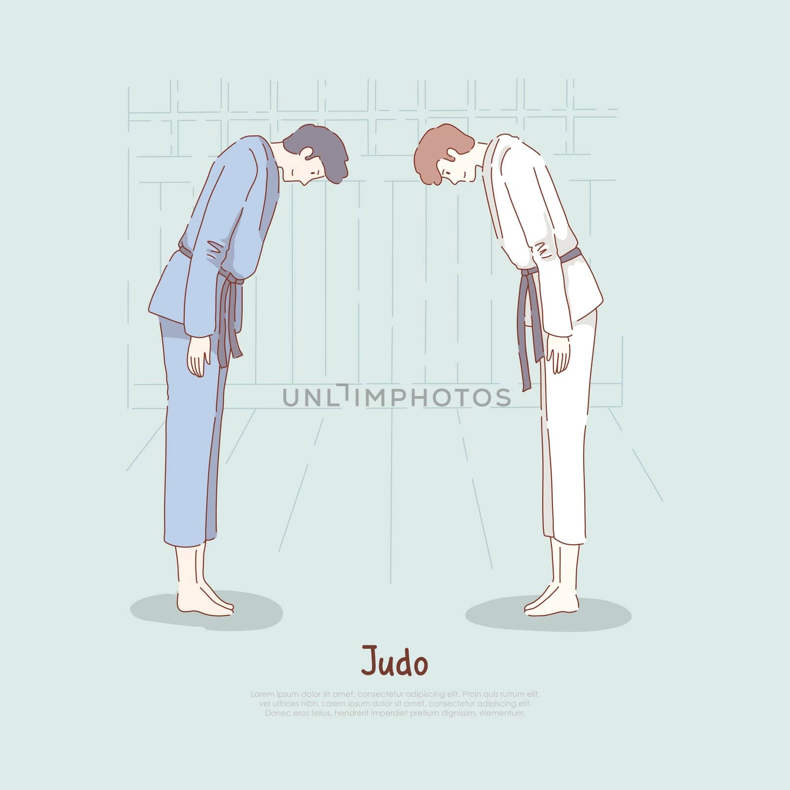 Judo school, fighters bow down, sparring start or end, self defence classes, oriental martial arts, karate dojo banner. Single combat, show of respect concept cartoon sketch. Flat vector illustration