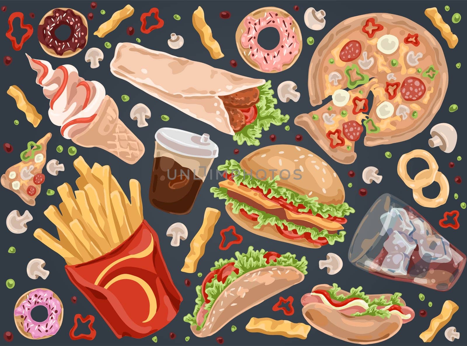 Street meal, french fries, pizza, hamburger, takeaway service, coffee, hot dog, burrito, ice cream, quick lunch set. Fast food, unhealthy nutrition concept cartoon sketch. Flat vector illustration