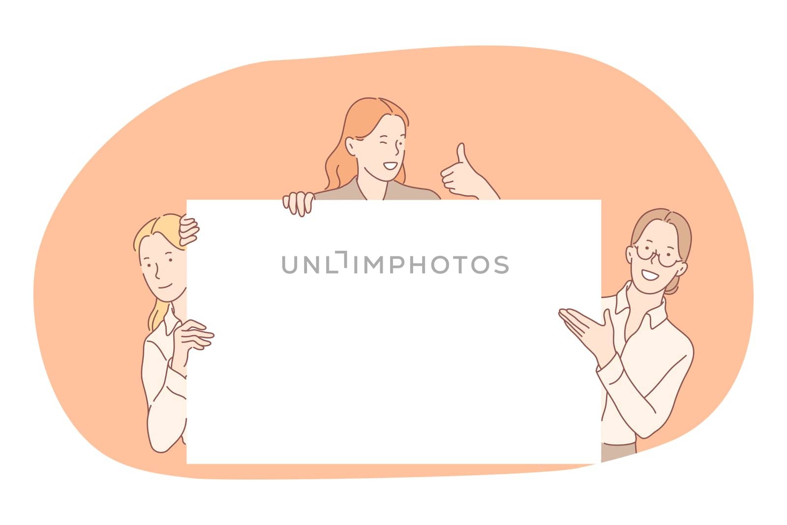 Demonstration, promotion, advertisement concept. Young positive business women cartoon characters holding white blank placard with copy space mockup for text and showing thumb up sign with fingers