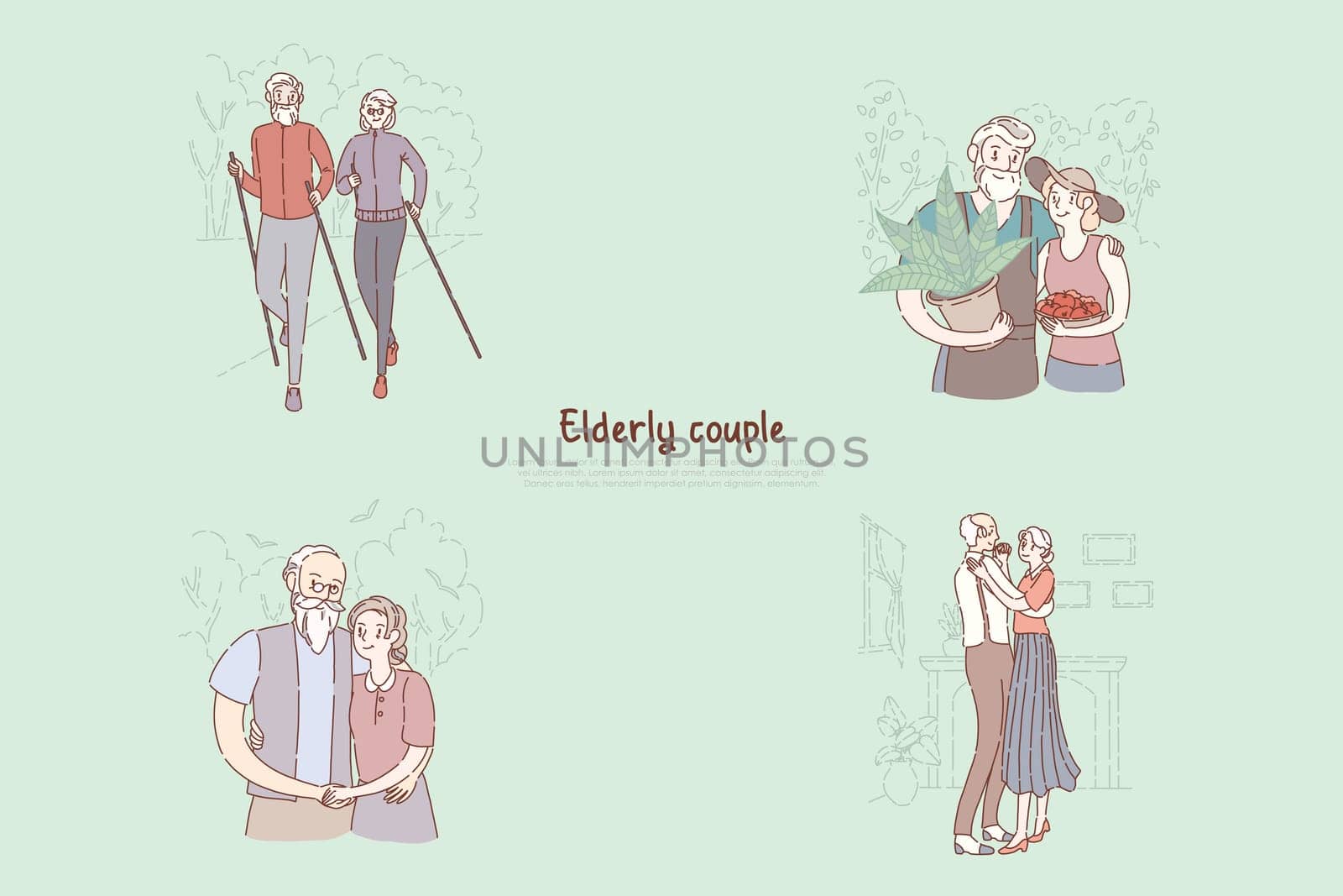 Old married pair, husband and wife on sportive stroll, farming, hugging, dancing together, nursing home banner. Happy retirement, elderly couple concept cartoon sketch. Flat vector illustration