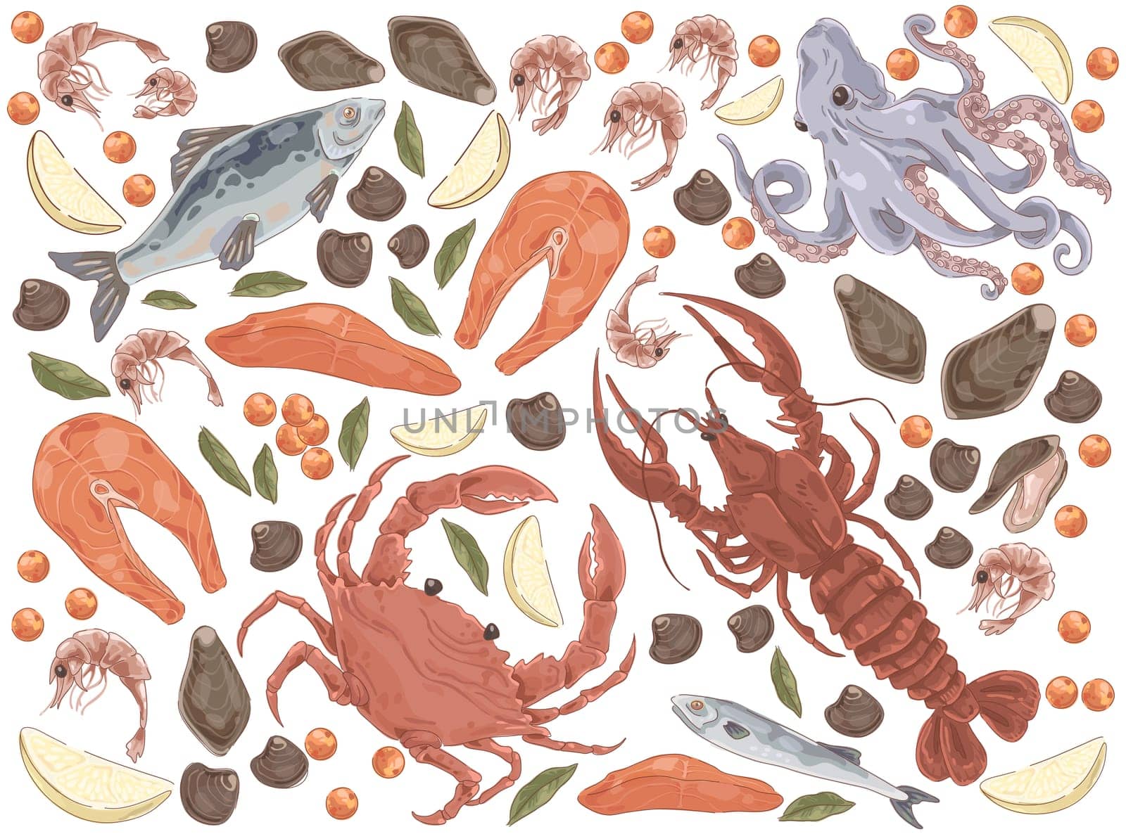 Raw fish, salmon fillet, octopus, mussels, gourmet dinner, lobster, crab, shrimps, lemon pieces, delicious seafood set. Marine cuisine restaurant concept cartoon sketch. Flat vector illustration