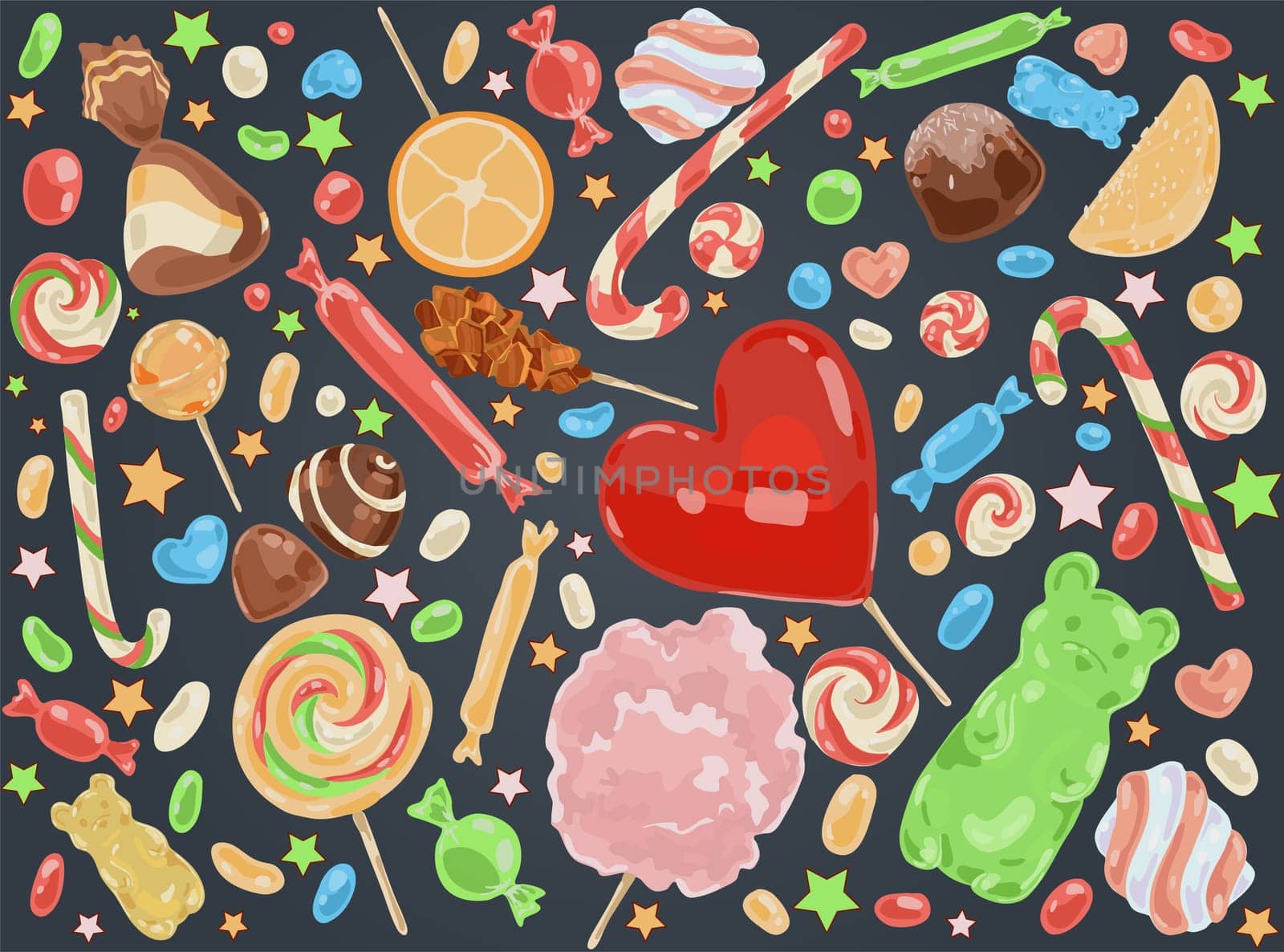 Confectionery products, delicious desserts, caramel sticks, chocolate sweets, marshmallow, fruity marmalade, tasty lollipops set. Candy shop assortment concept cartoon sketch. Flat vector illustration
