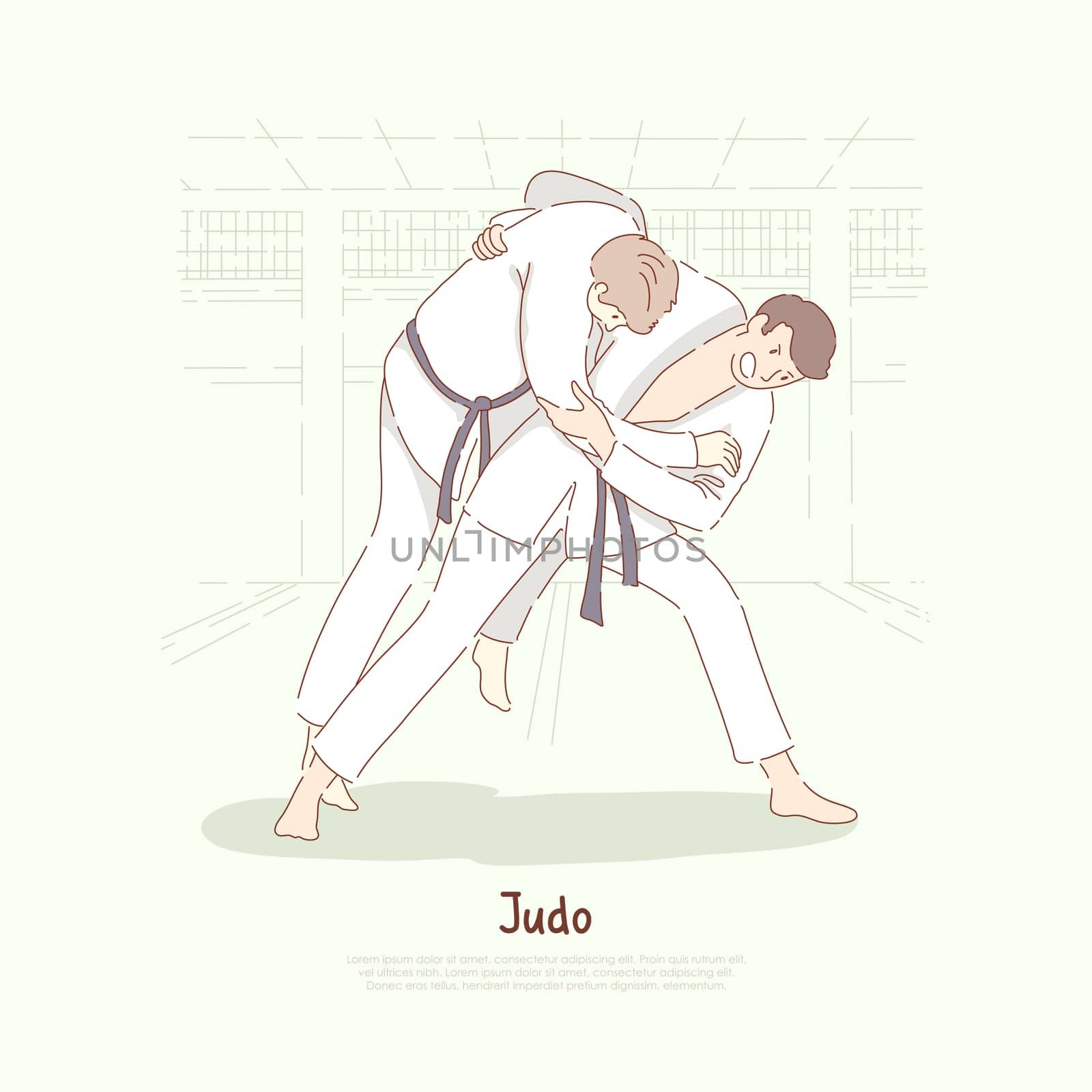 Traditional asian martial arts sparring, young men in kimono practicing footboard, self defence, judo school banner. Karate, single combat training concept cartoon sketch. Flat vector illustration