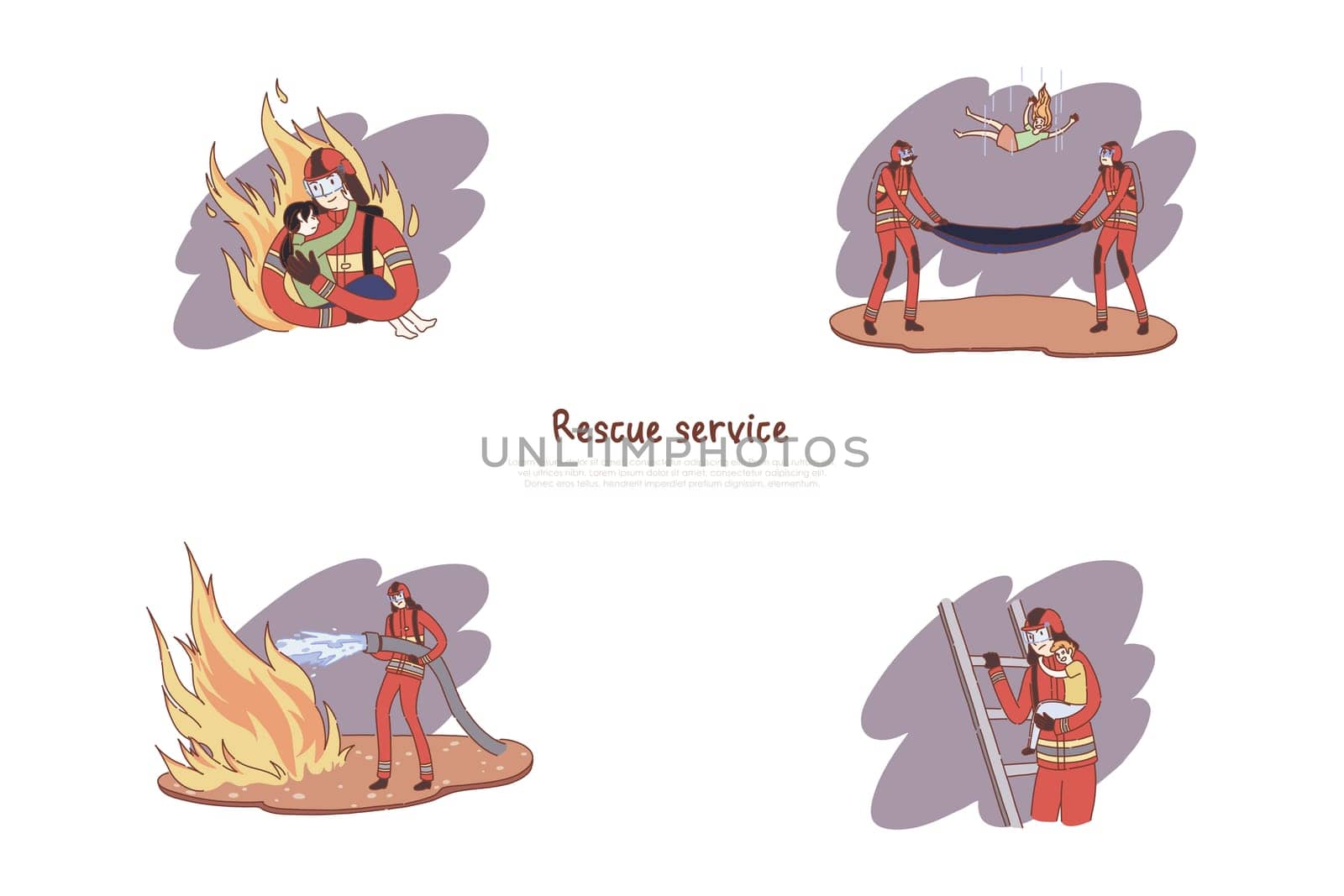 Brave firefighters in uniform, heroes extinguishing fire, rescuing children, rescue service banner. Firefighting department, dangerous profession concept cartoon sketch. Flat vector illustration