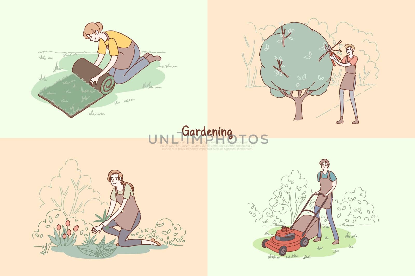 Young gardeners chores, lawn laying, trees pruning, planting flowers, grass mowing, gardening service banner. Summer horticulture, landscaping concept cartoon sketch. Flat vector illustration