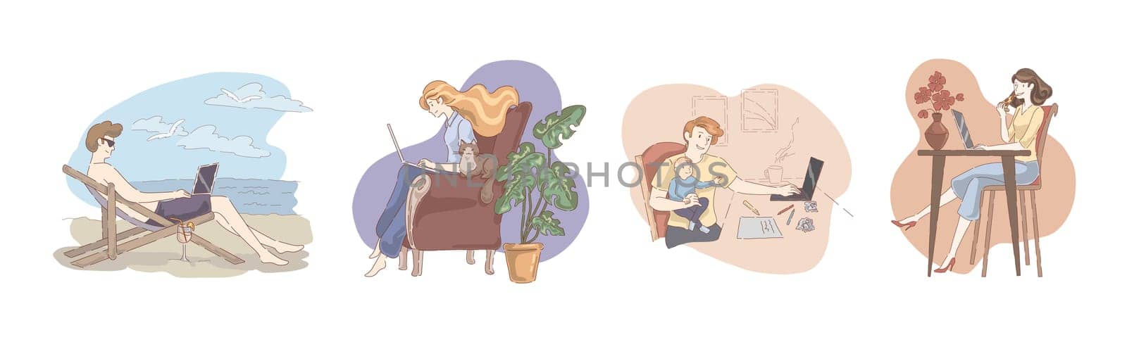 Men and women working with computer, people using laptop for work and internet surfing, social media leisure, freelancers set. Freelance, remote job concept cartoon sketch. Flat vector illustration