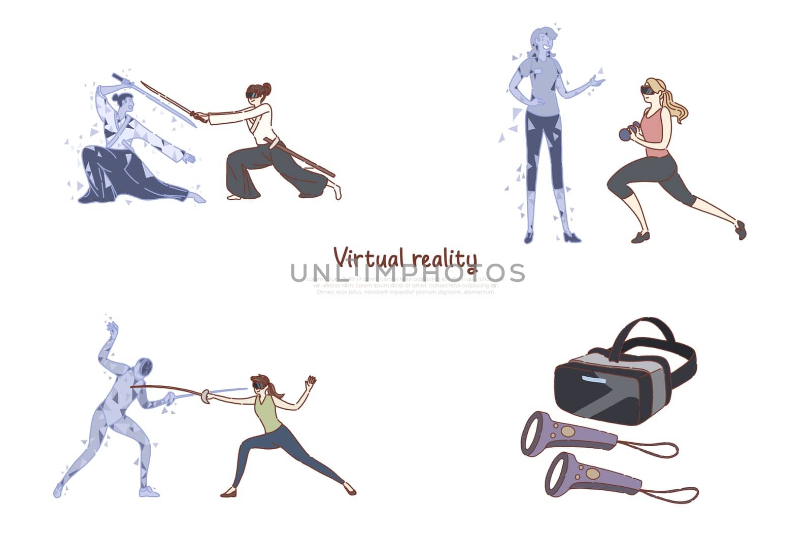Women in vr headsets, ar leisure, fitness training, fencing, video game, digital entertainment, futuristic technology banner. Virtual reality pastime concept cartoon sketch. Flat vector illustration