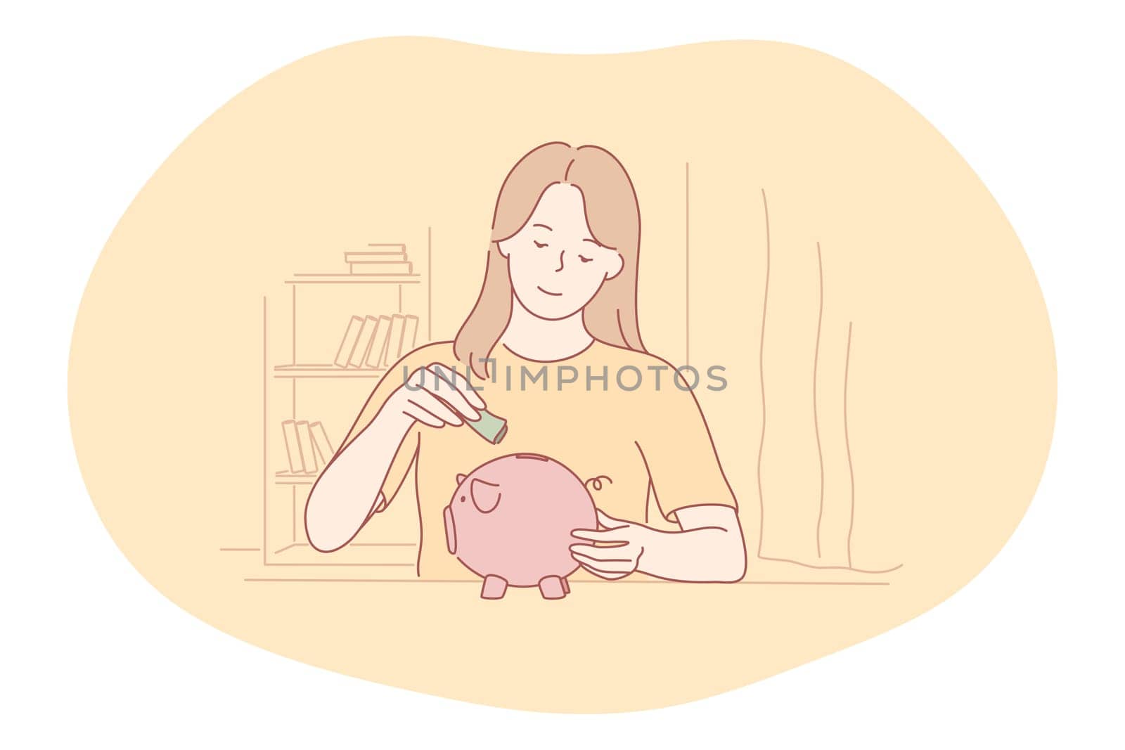 Saving money, piggybank, budget concept. Young positive woman cartoon character putting money into pink piggybank for saving. Collecting money, business, earnings, income