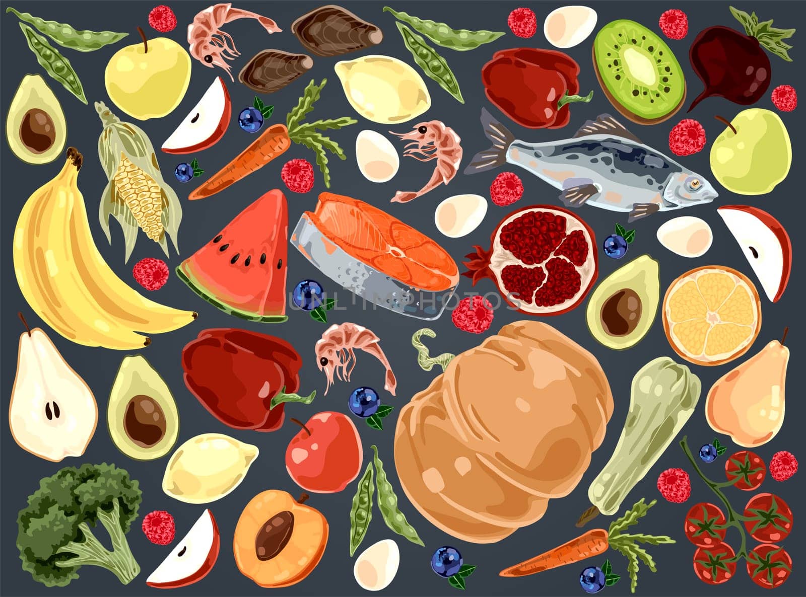 Natural products, delicious vegetables, fruits and seafood, pumpkin, watermelon, fish, raspberry, organic food set. Healthy nutrition, vitamin diet concept cartoon sketch. Flat vector illustration