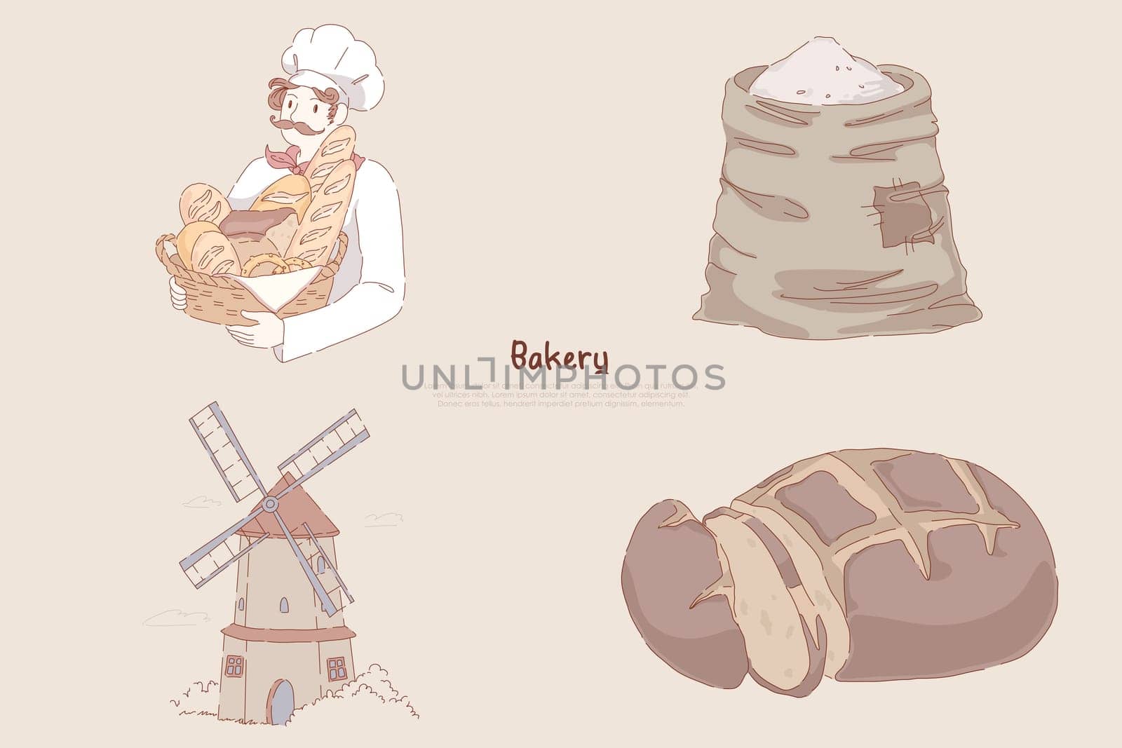 Baker holding basket with delicious baking, wheat flour sack, windmill, sliced rye bread, pastry shop banner. Bakehouse, bakery attributes concept cartoon sketch. Flat vector illustration