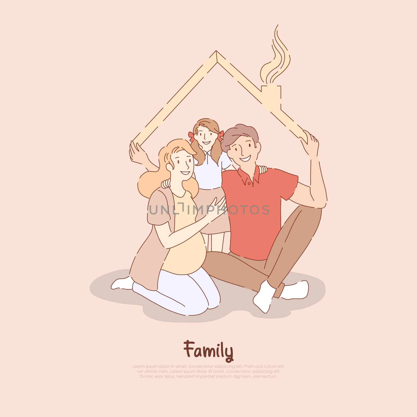 Husband, pregnant wife and daughter, father holding roof, togetherness metaphor, young family housing program banner. Happy parents with child concept cartoon sketch. Flat vector illustration