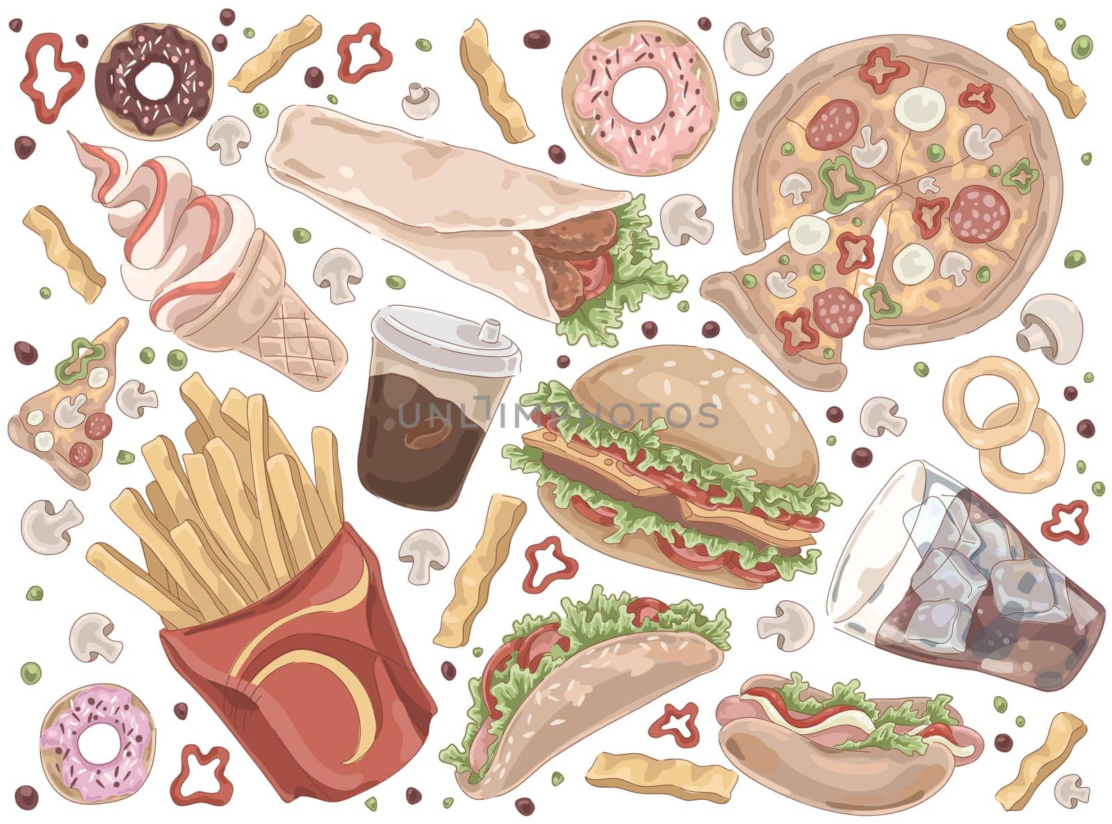 Street meal, french fries, pizza, hamburger, takeaway service, coffee, hot dog, burrito, ice cream, quick lunch set. Fast food, unhealthy nutrition concept cartoon sketch. Flat vector illustration