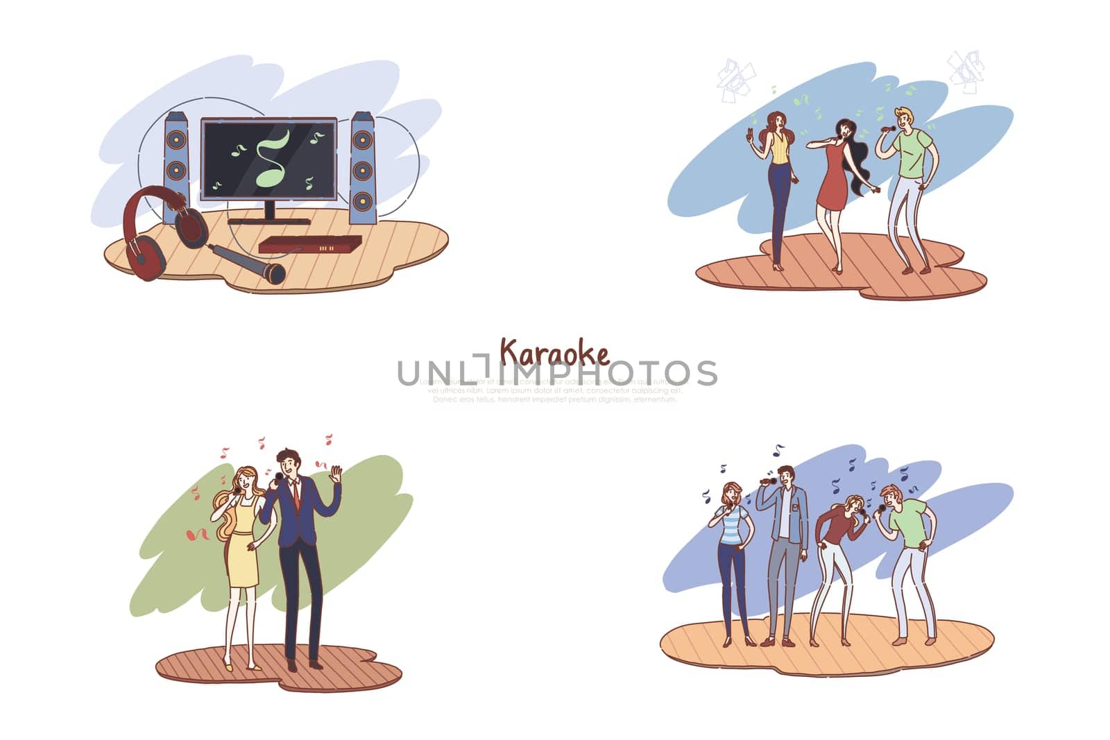 Music entertainment, friends with microphones performing songs together, singing and dancing, musical leisure banner. Karaoke hobby, amateur singers concept cartoon sketch. Flat vector illustration