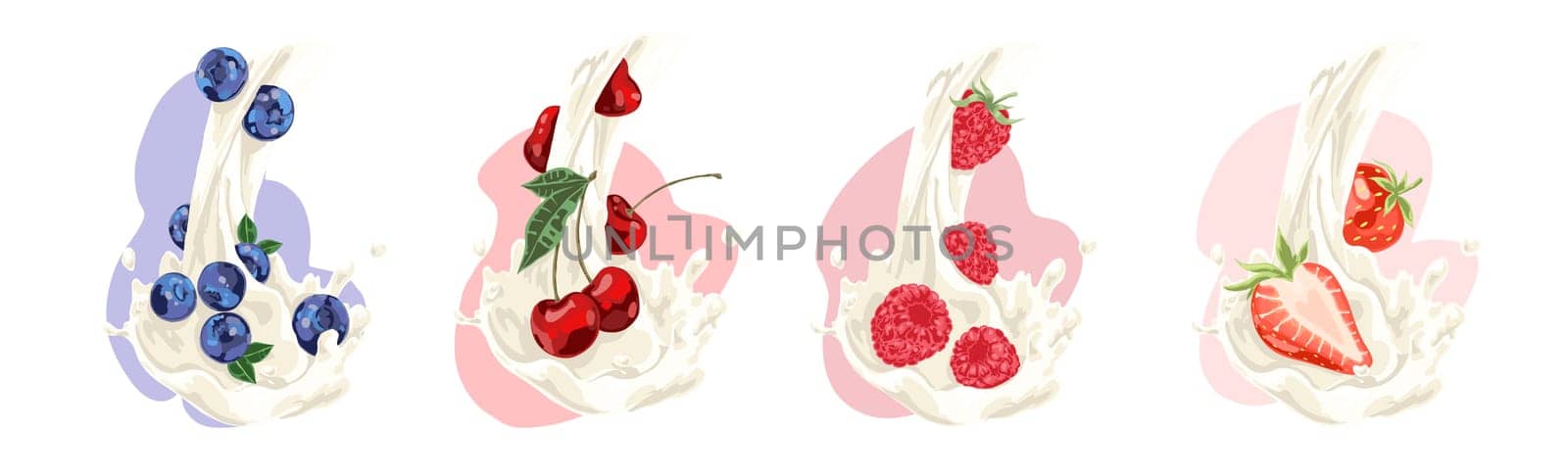 Natural milk flow with juicy blueberry, cherry, raspberry and strawberry, vitamin diet, sweet organic drink set. Delicious yogurt, milky product concept cartoon sketch. Flat vector illustration