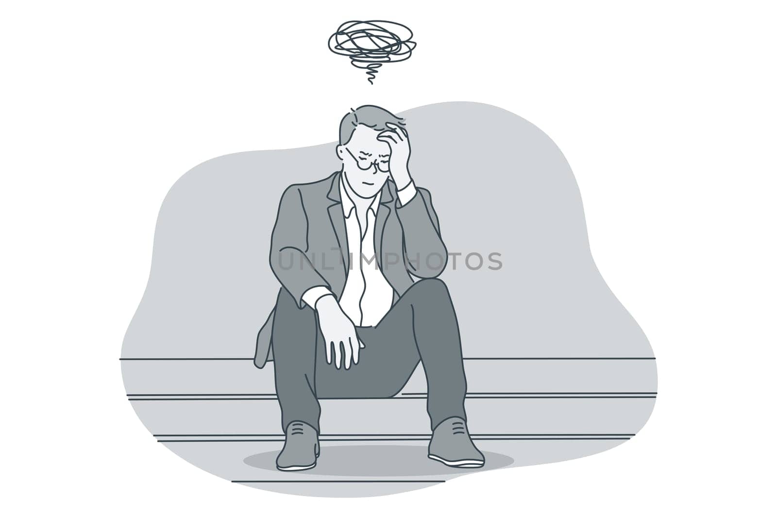 Sadness, mental depression, bad news concept. Young unhappy businessman sitting and thinking about bad news touching head and suffering from depressed state of mind illustration
