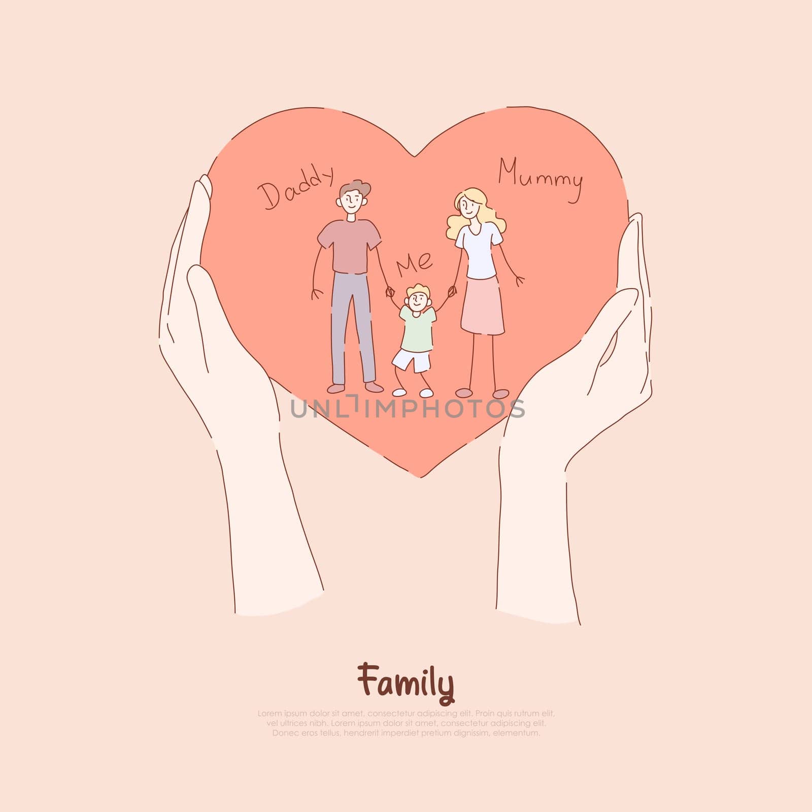 Hands holding greeting card, holiday present, happy couple with little boy, mommy, daddy and son, family love banner. Heart shaped childish crafts concept cartoon sketch. Flat vector illustration