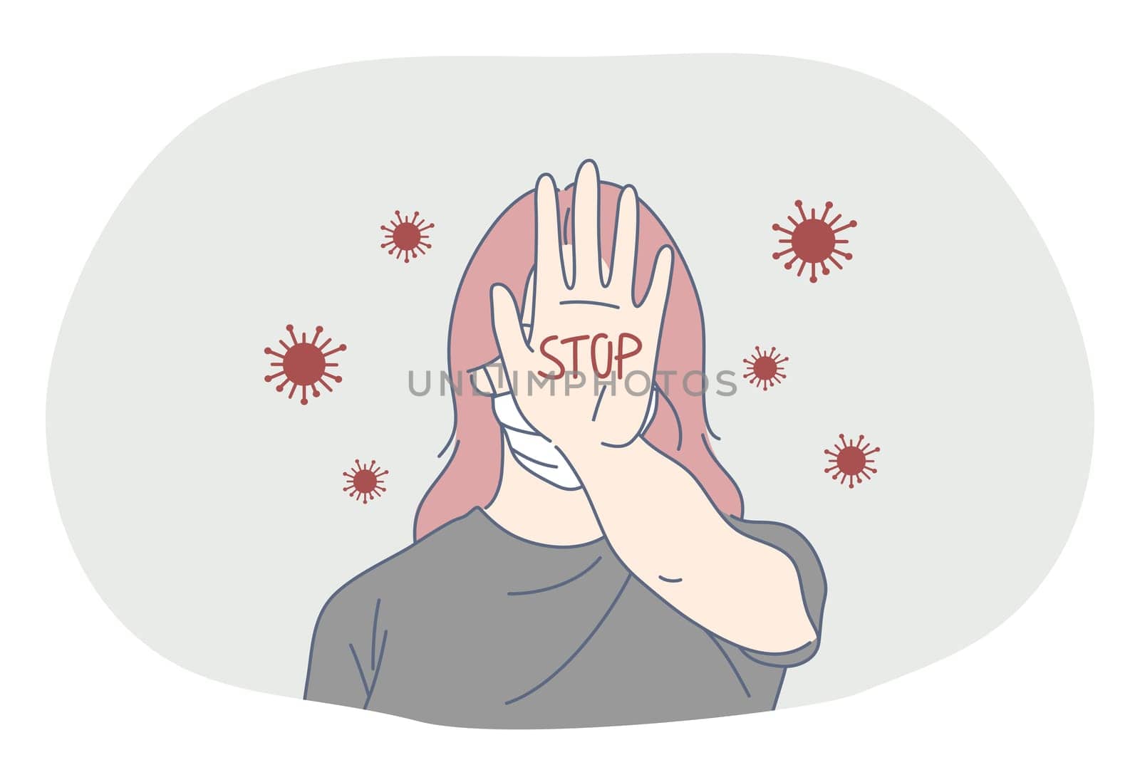 Danger or coronavirus infection epidemic, protective facial mask, pandemic concept. Young woman in medical mask standing and showing stop sign on palm with hand in corona bacteria flow outside