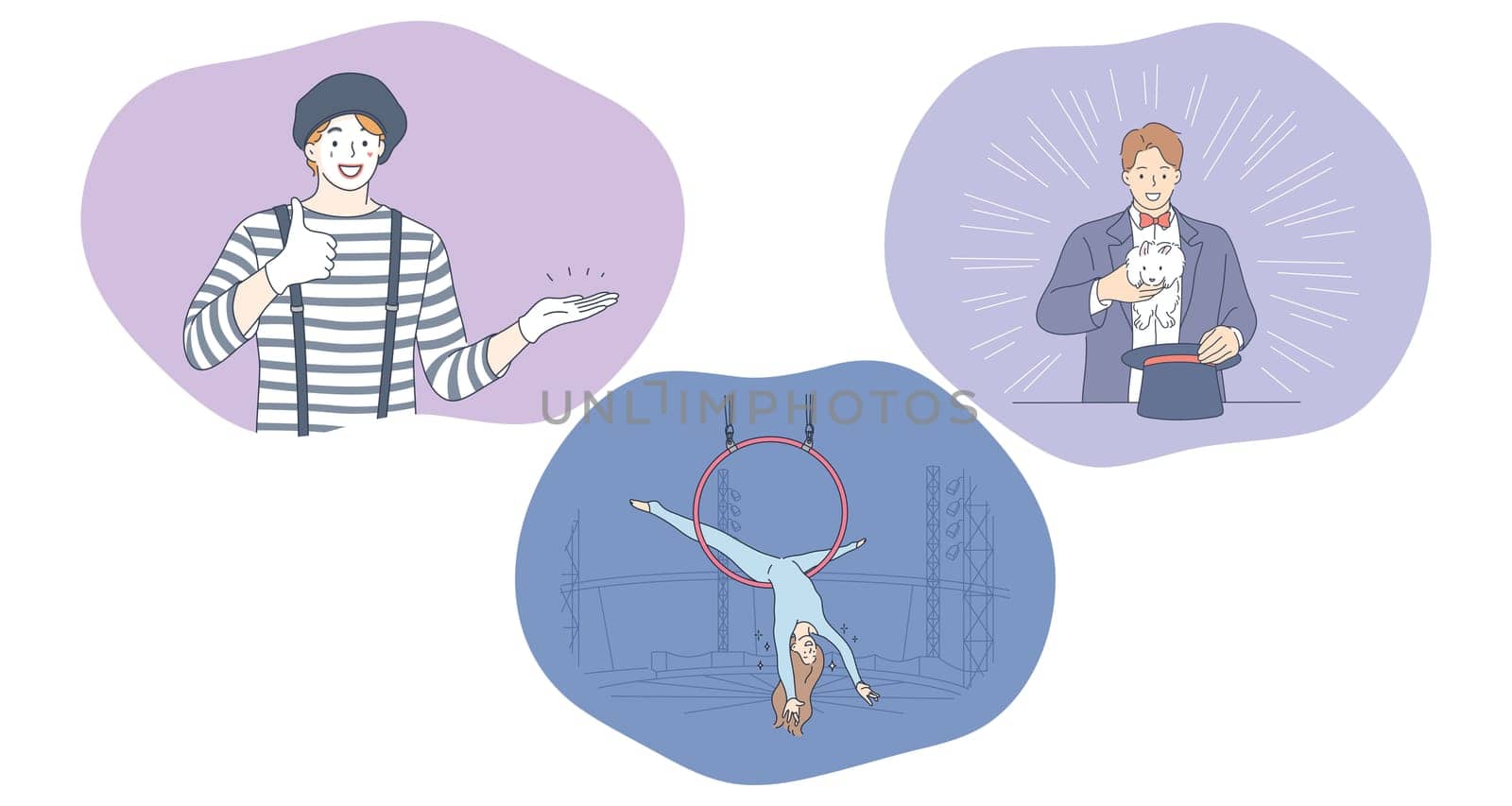 Circus, performance, clown, show, entertainment concept. People clown, magician with hat and woman air gymnast cartoon characters making performance in circus during show. Leisure, art, performer