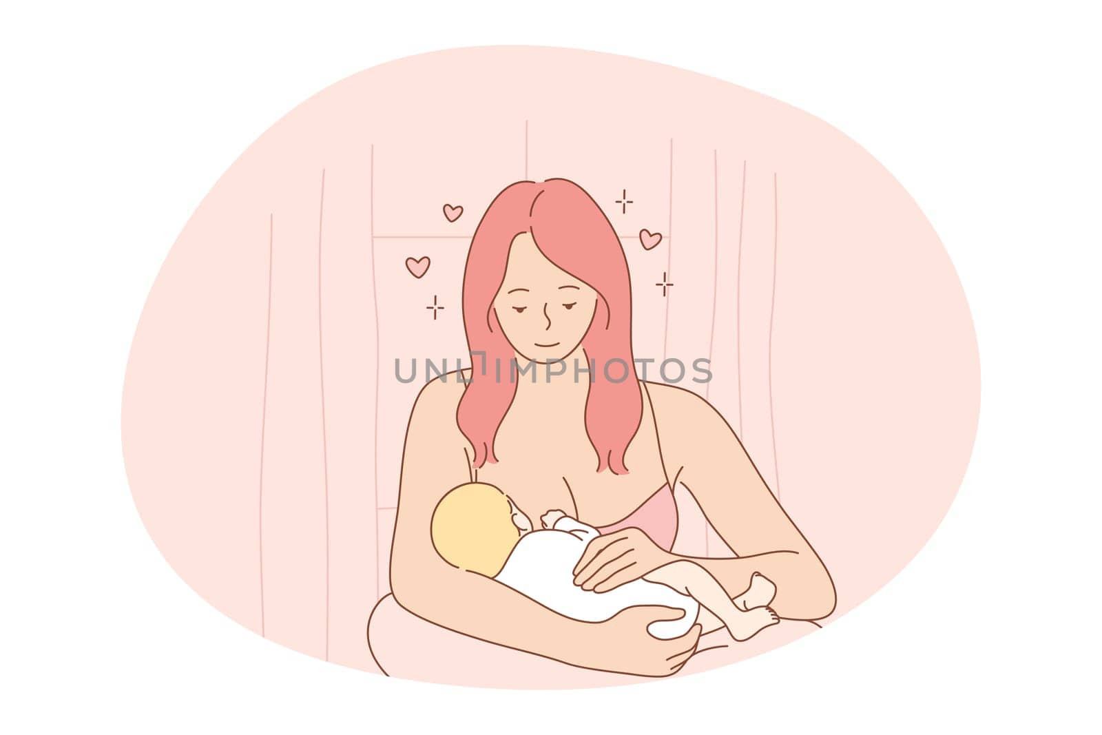Motherhood, love of Mother, parenthood and childhood concept. Young positive woman mother cartoon character breast feeding her small little infant baby and feeling love and care vector illustration