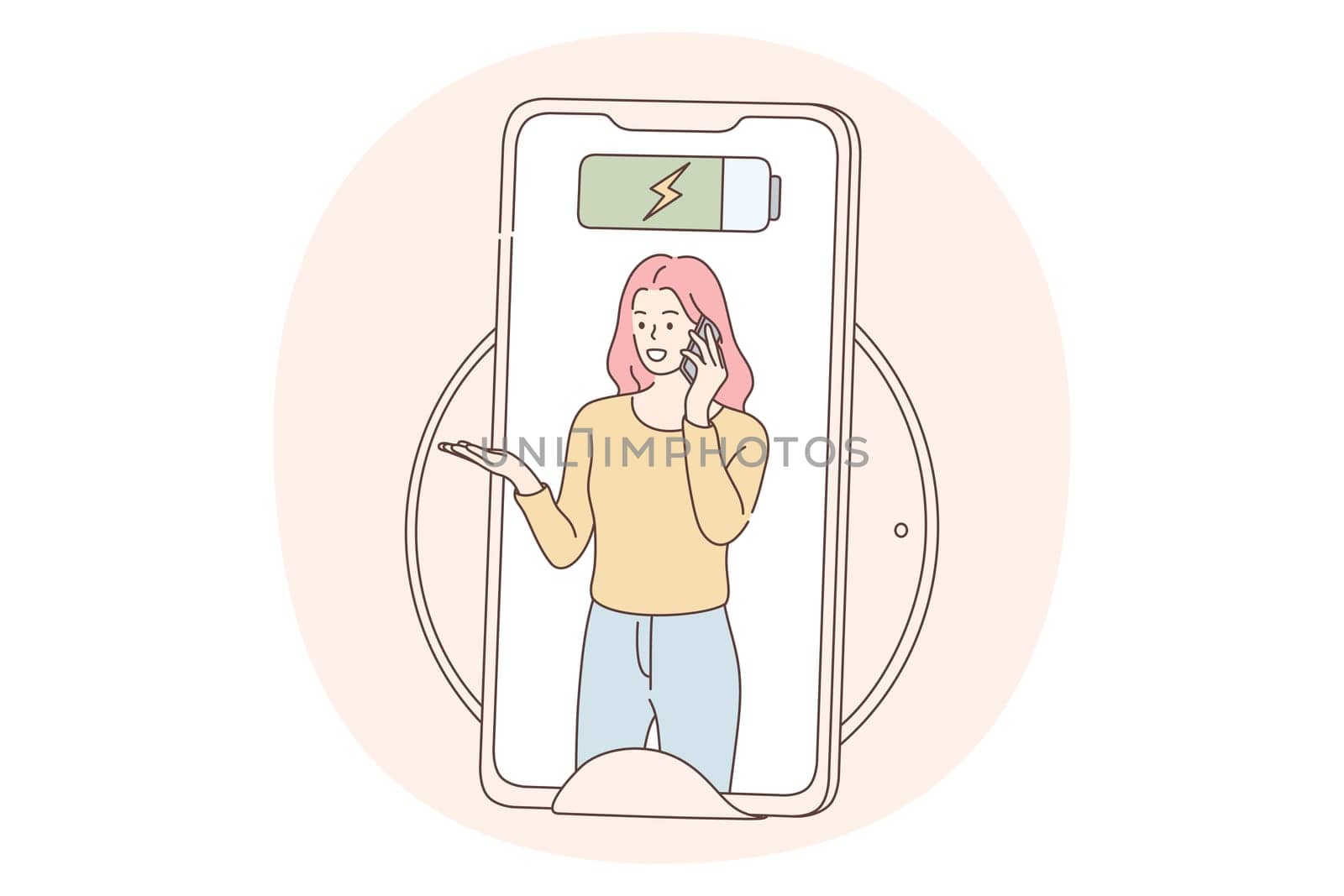 Online communication on smartphone, chatting concept. Phone screen chatting battery with talking woman inside as symbol of online communication addiction