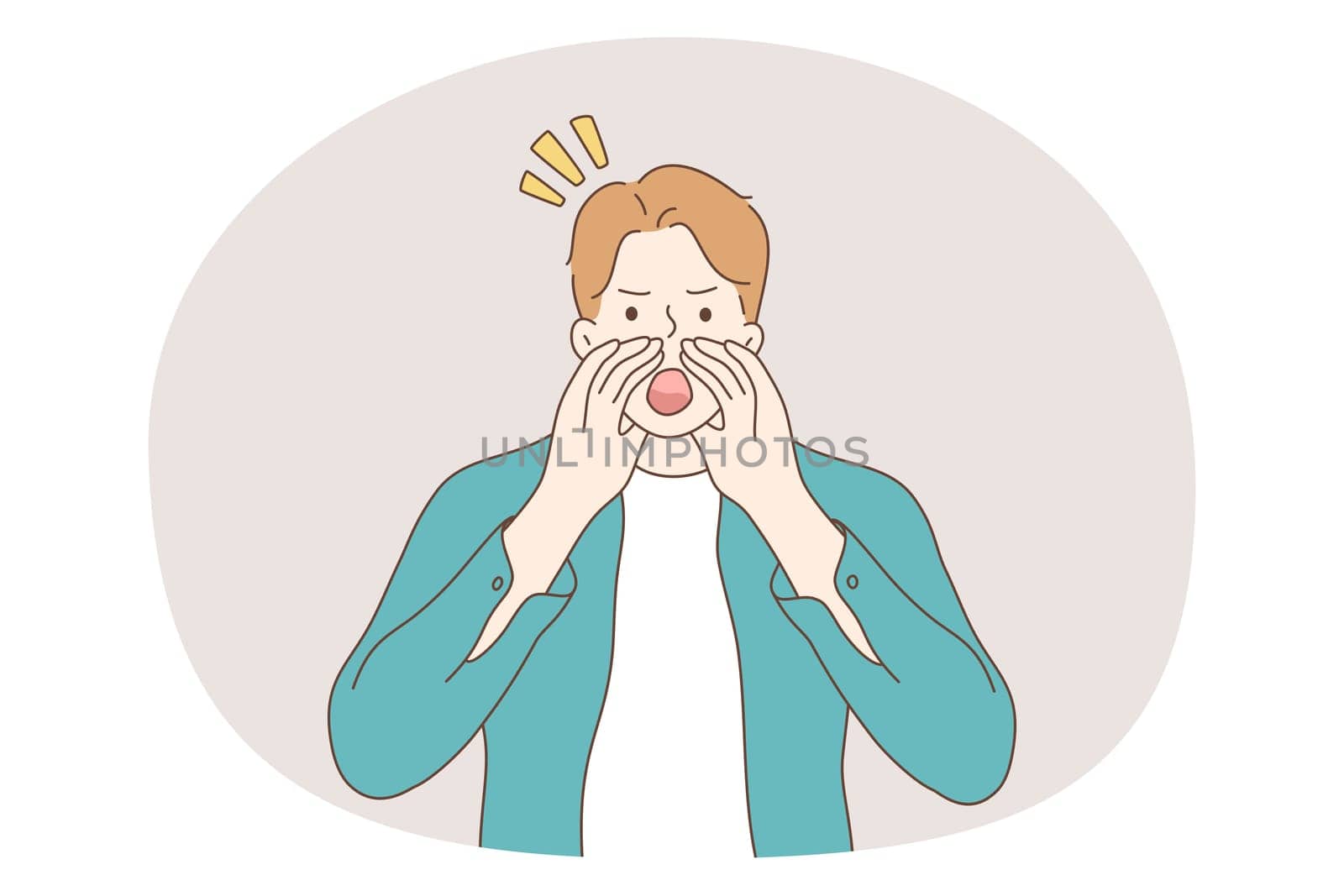 Shouting, announcement, promotion concept. Young angry man cartoon character standing fixing hands near open mouth and shouting screaming information loud marketing advertising
