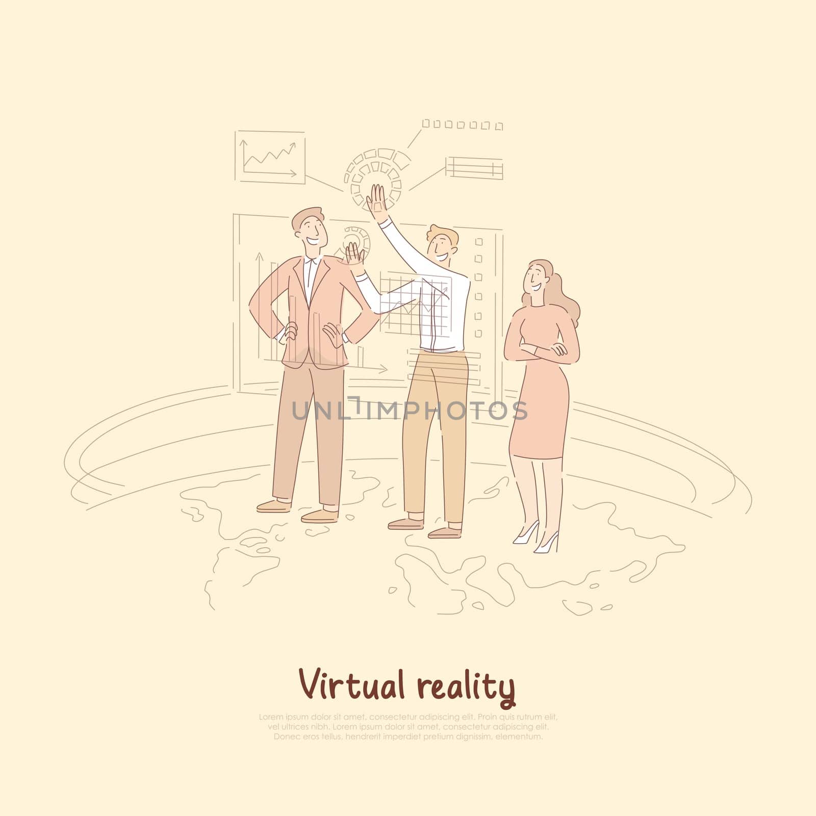 Analyst working with interactive interface, augmented reality ui, business statistics hologram, futuristic technology banner. Stock market analytics concept cartoon sketch. Flat vector illustration