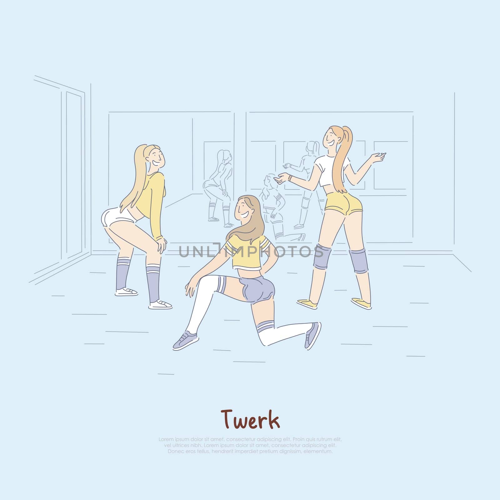 Attractive female dancers group, beautiful girls in sportswear dancing twerk, booty dance, twerking banner. Fitness workout, sexy performance concept cartoon sketch. Flat vector illustration