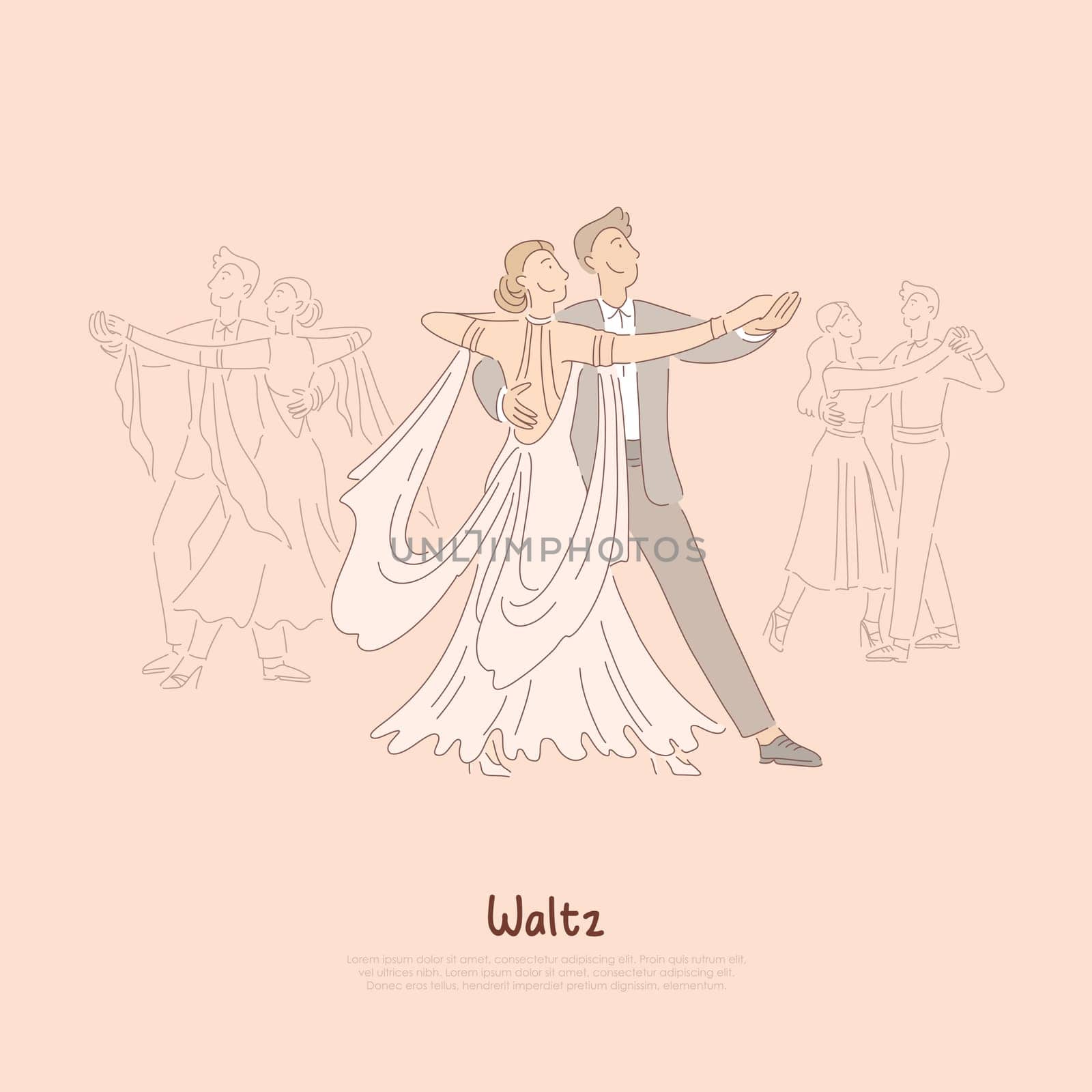 Happy couple in ballroom, young man in suit and woman in beautiful dress dancing waltz, ballet school banner. Classic elegant performance concept cartoon sketch. Flat vector illustration