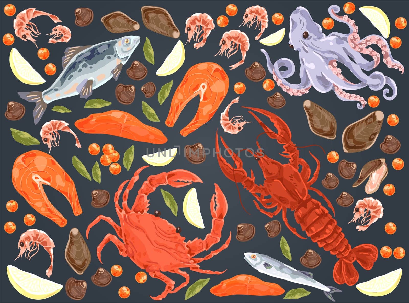 Raw fish, salmon fillet, octopus, mussels, gourmet dinner, lobster, crab, shrimps, lemon pieces, delicious seafood set. Marine cuisine restaurant concept cartoon sketch. Flat vector illustration