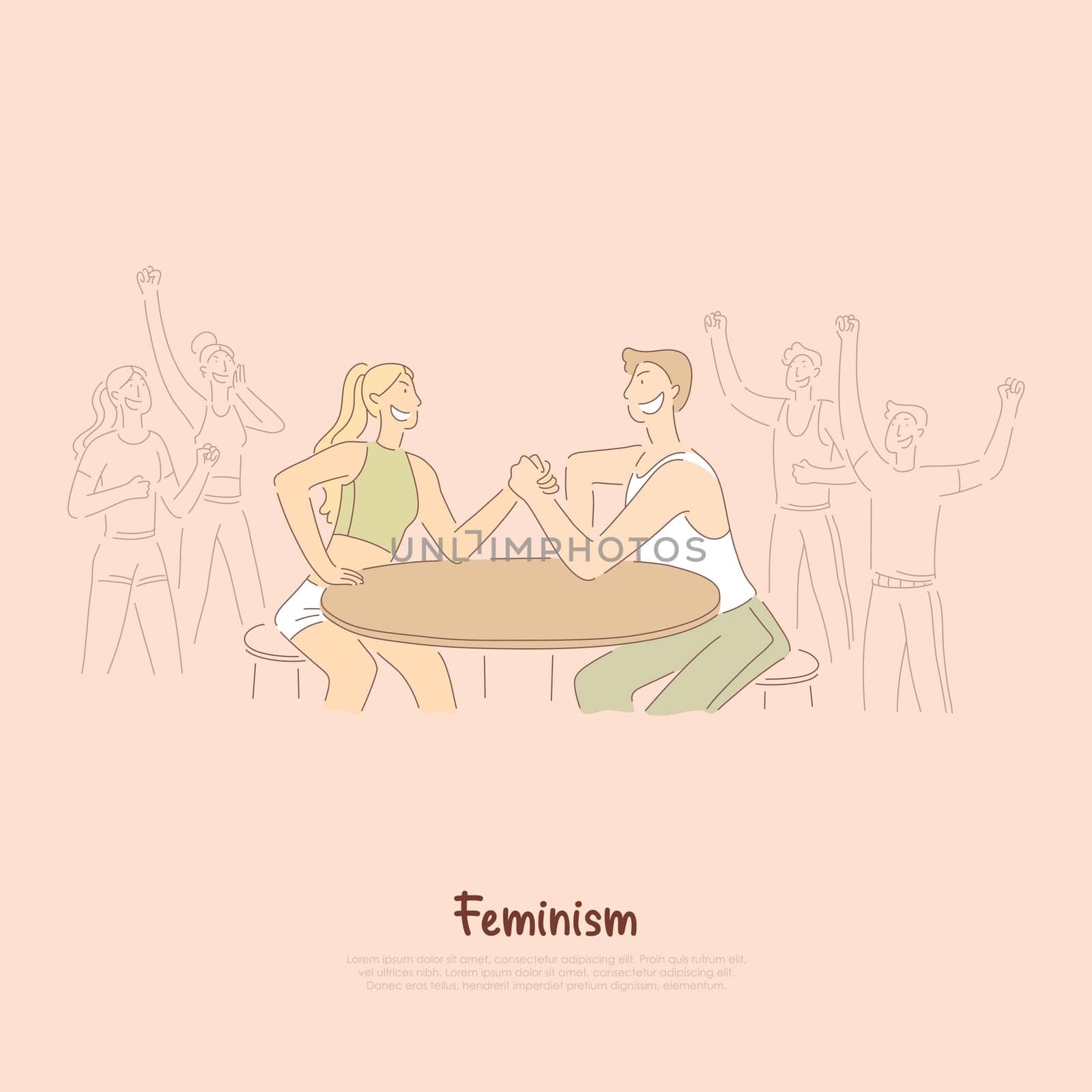 Women versus men, friendly competition, cheerful young girl and guy do arm wrestling, female empowerment banner. Battle of sexes, gender equality concept cartoon sketch. Flat vector illustration